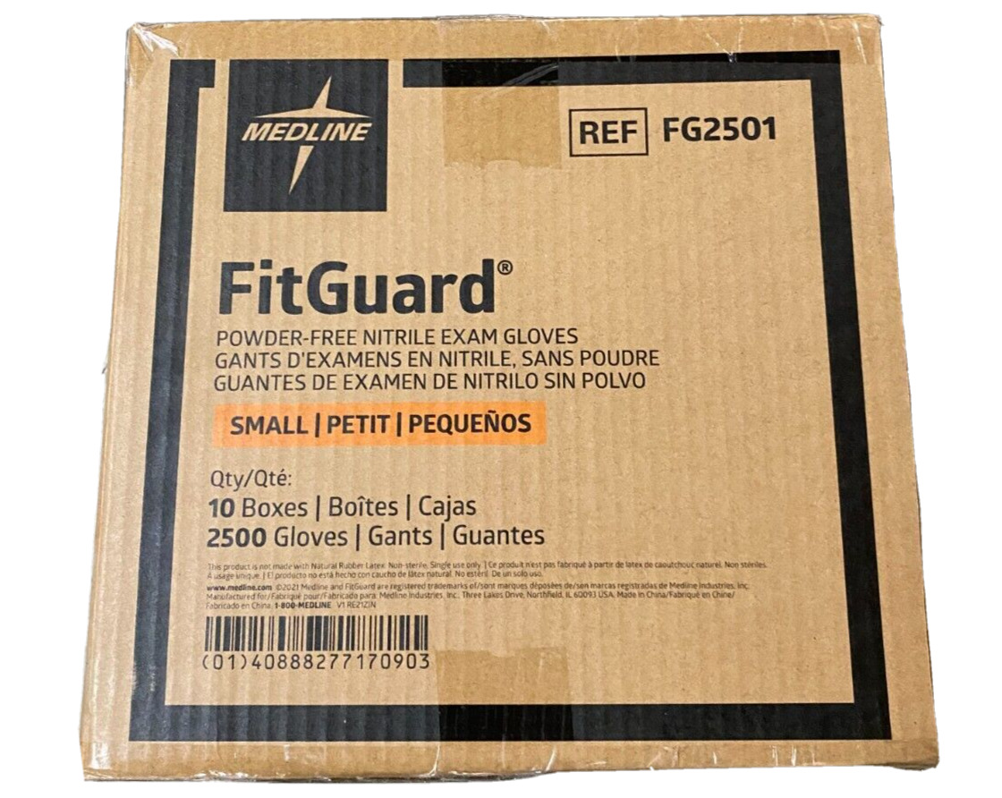 Nitrile Small Powder-Free Exam Gloves, Medline FitGuard Case of 2500ct (SMALL)