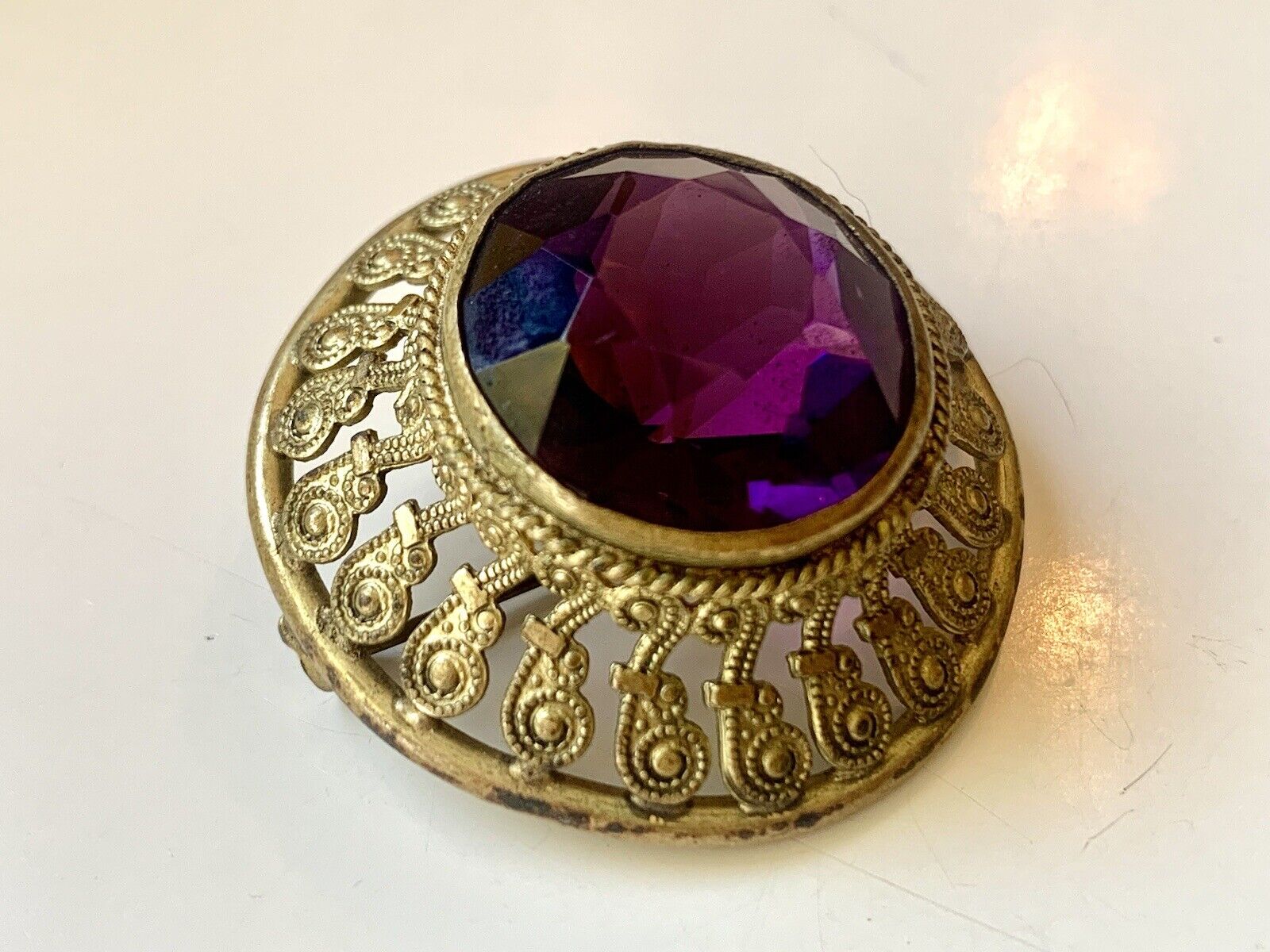Vintage Antique Etruscan Style Brass & Purple Amethyst Brooch Pin