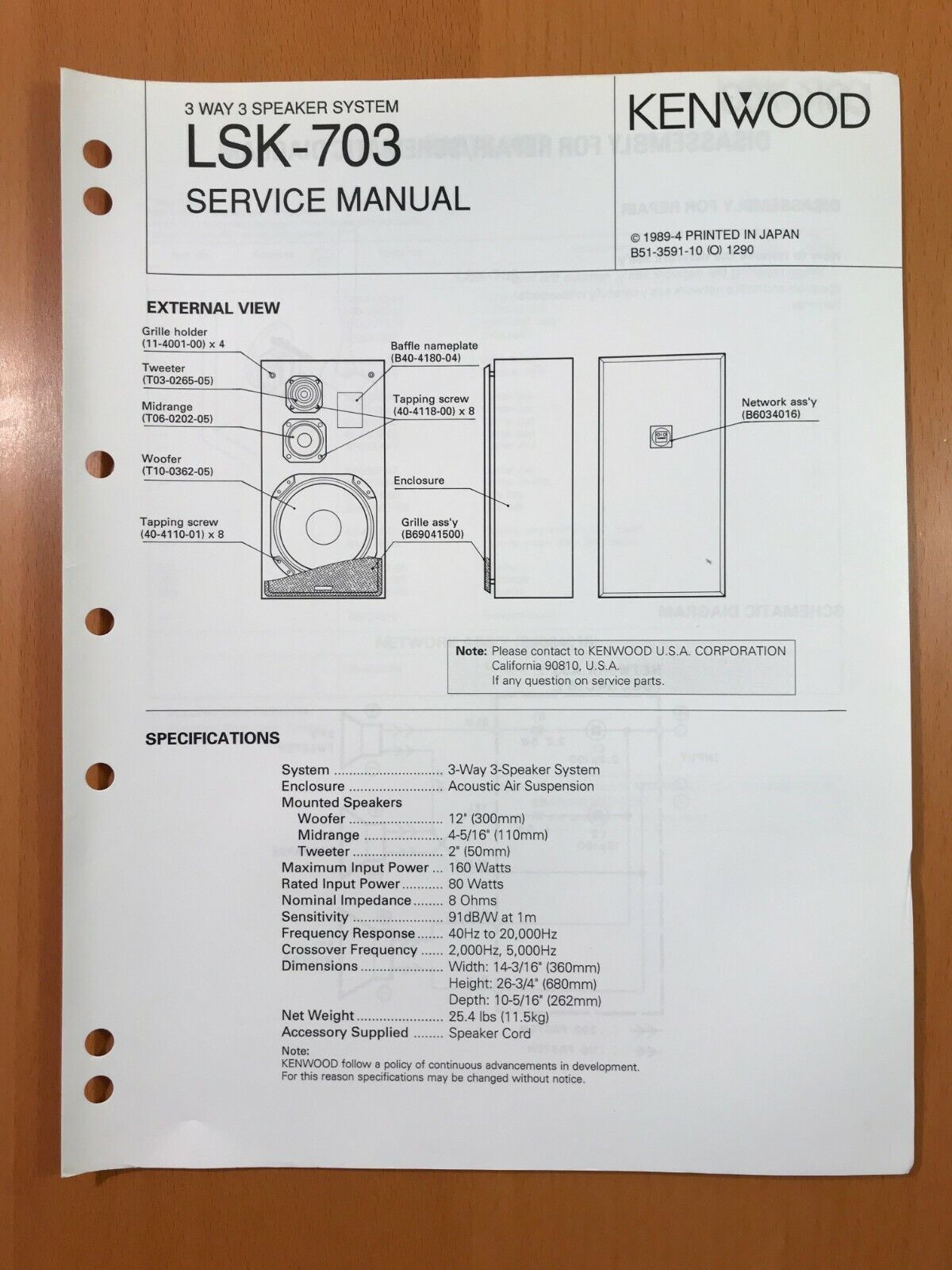 ORIGINAL SERVICE MANUAL & SCHEMATIC KENWOOD LSK-703 SPEAKER SYSTEM D507