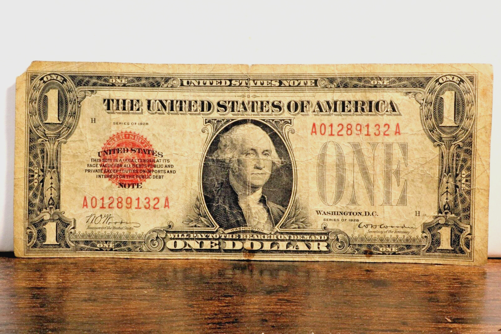 1928 $1 One Dollar Legal Tender RED Seal United States Note, Funnyback