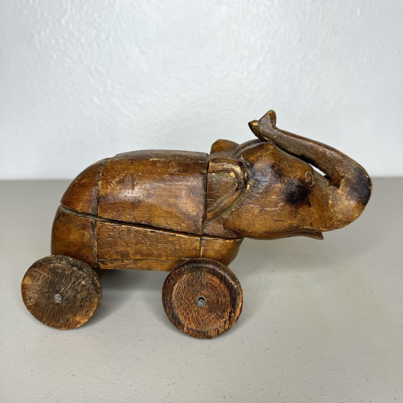 Vintage Wooden Elephant on Wheels Figurine Spice Box Carved Wood Trinket