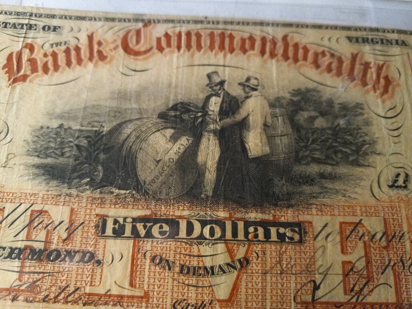 1861 $5 The Bank of the Commonwealth Richmond, VIRGINIA CIVIL WAR ERA