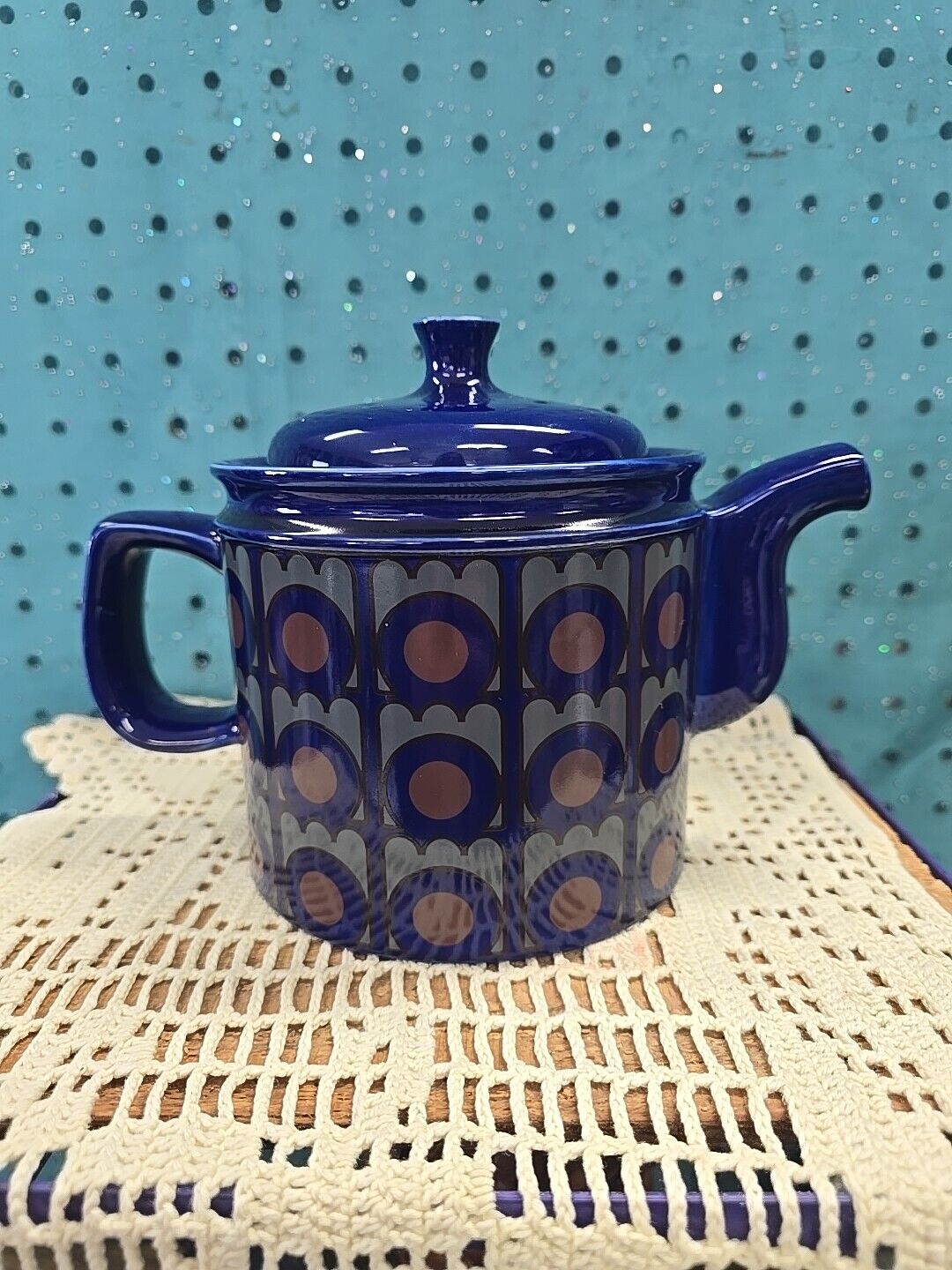 Vtg Arthur Wood & Son Teapot Retro Pattern, 1970\'s, Cobalt Blue, Stamped/Signed