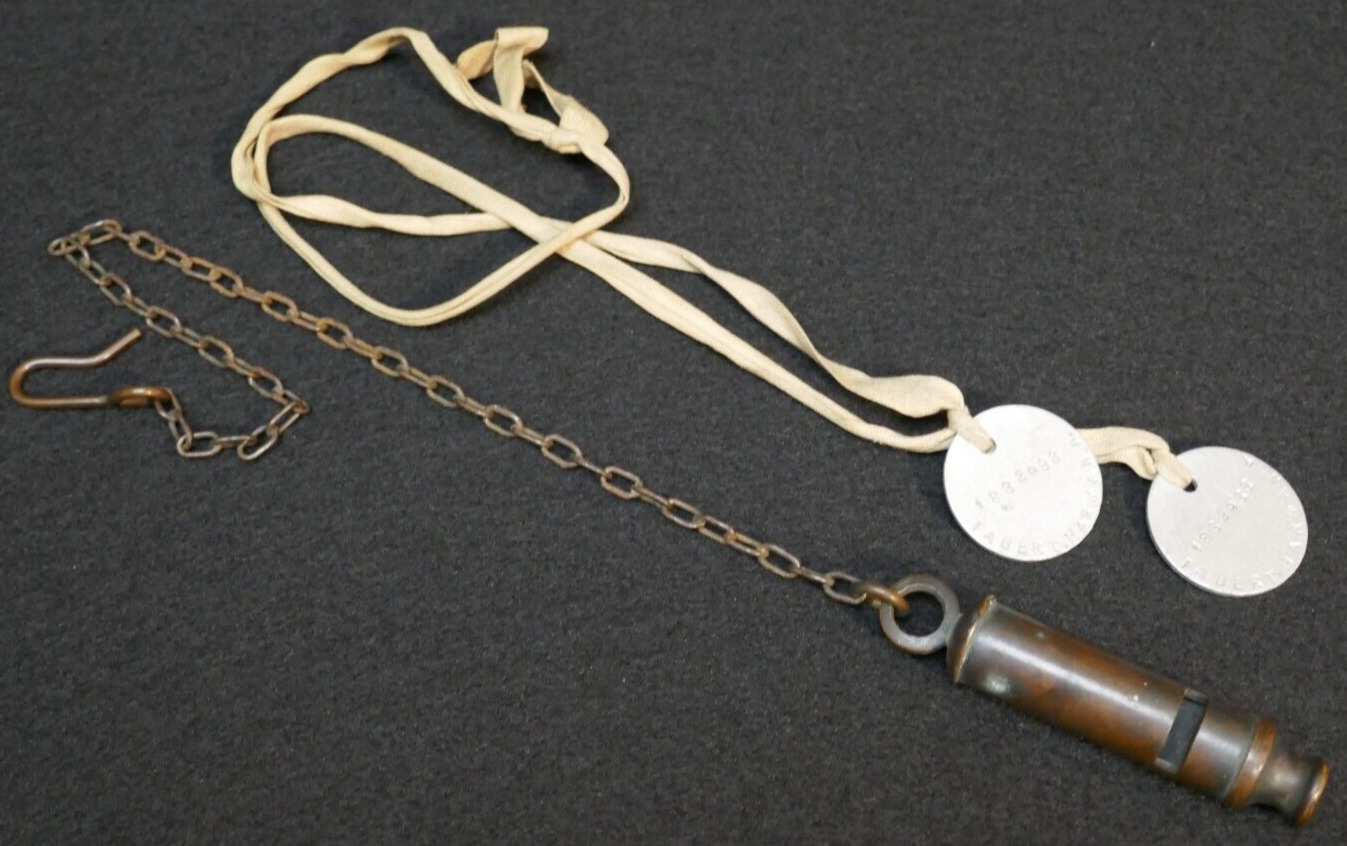 WWI US Army Personnel ID Discs HARMAN FABERT 1832933  & Chained Trench Whistle