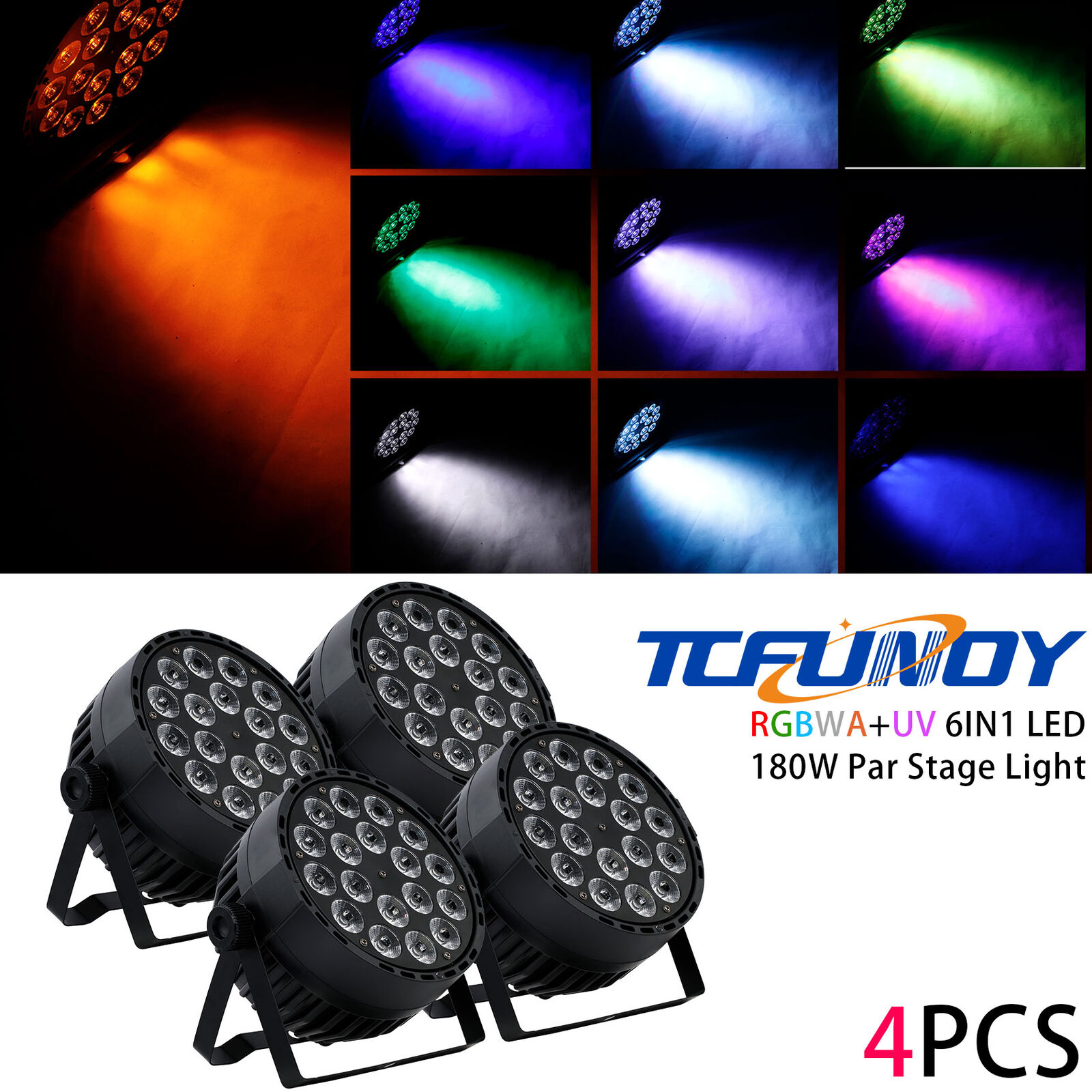 TCFUNDY 4PCS 180W RGBWA+UV LED Stage Par Lighting DMX DJ Club Disco Party Lights