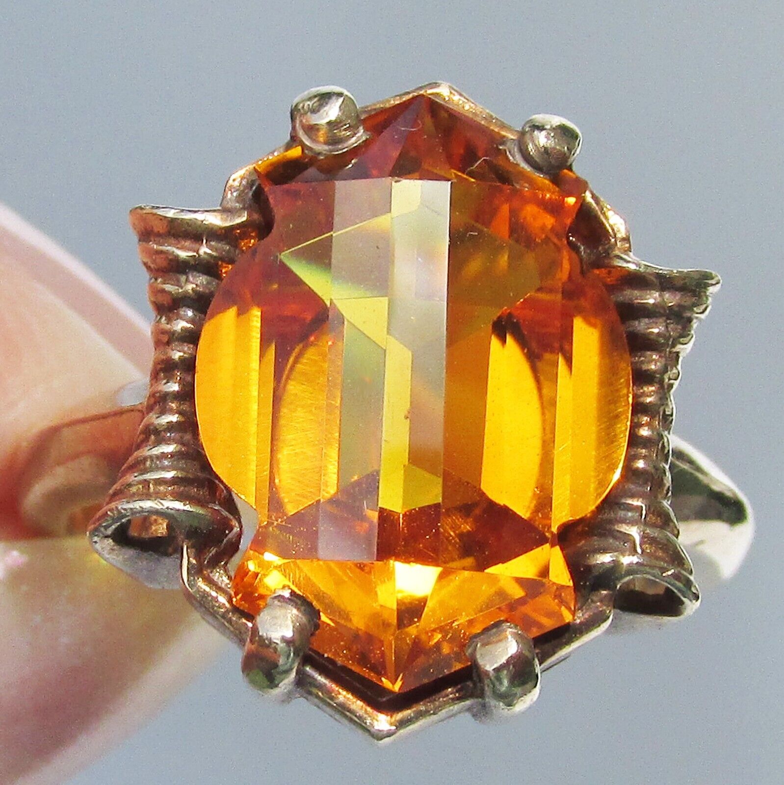 10k Gold 1930s Art Deco Vintage Created Orange Sapphire Ring, Size 7