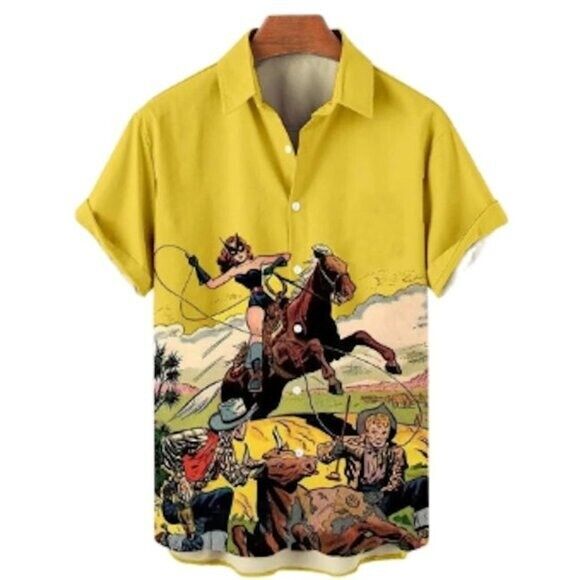Mens Vintage Style Graphic Fantasy Button Down COWBOY Art Shirt Size: XXL - NEW