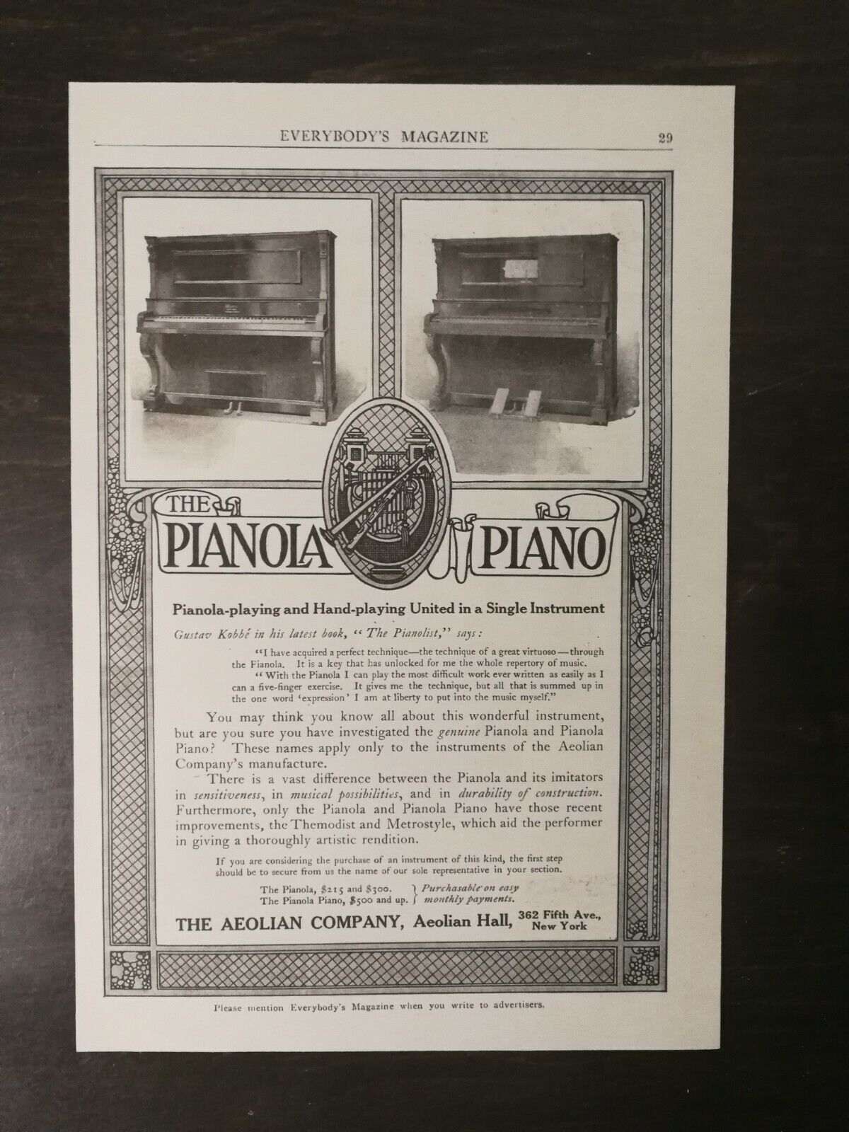 Vintage 1908 The Pianola Piano Aeolian Company New York Full Page Original Ad