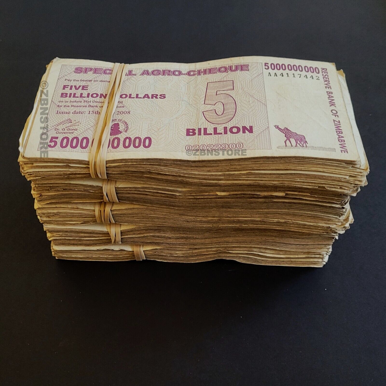 500 x 5 Billion Dollars Zimbabwe Special Agro Cheque 2008 5 bundles of 100 + COA