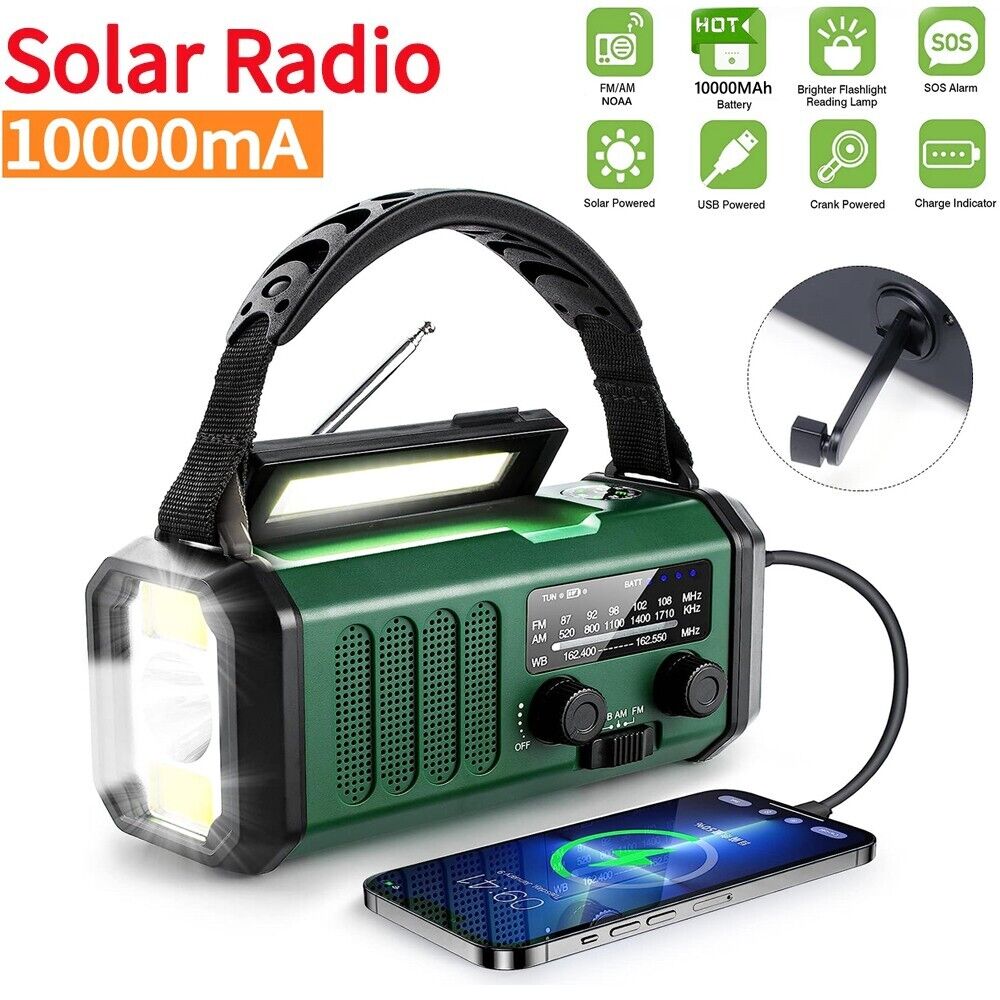 10000mAh Hand Crank Emergency Solar Weather Radio Power Bank Charger Flash Light
