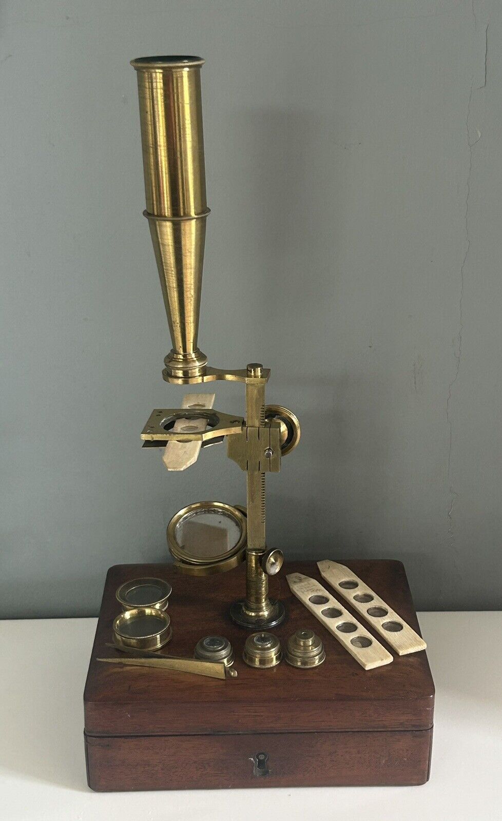 Fine Antique Cary-Gould Type Box Mounted Microscope. Circa 1820