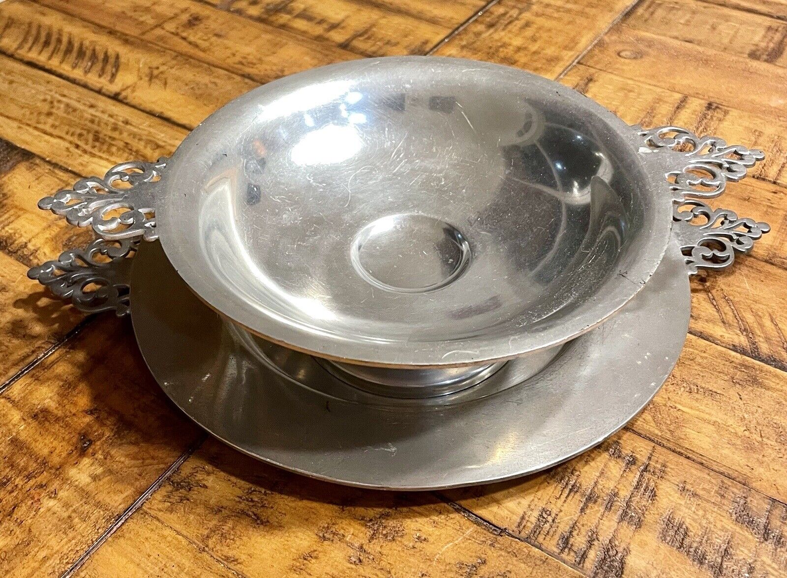 Antique European Wallace Brothers Silver Co. PEWTER 1 Earred Platter & 1 Footed