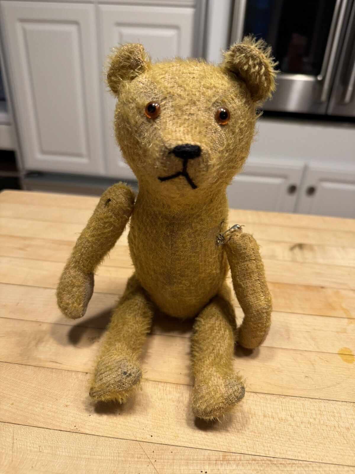 Early Antique Mohair Straw Stuffed Teddy Bear Jointed Well Loved ￼