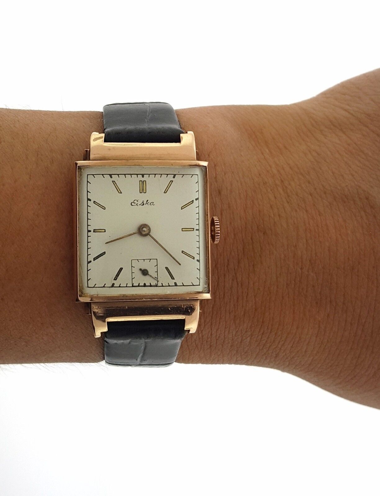Eska 24mm Watch Co.Swiss Antique Gents Wrist Watch 14K Rose Gold 7575 Mechanical