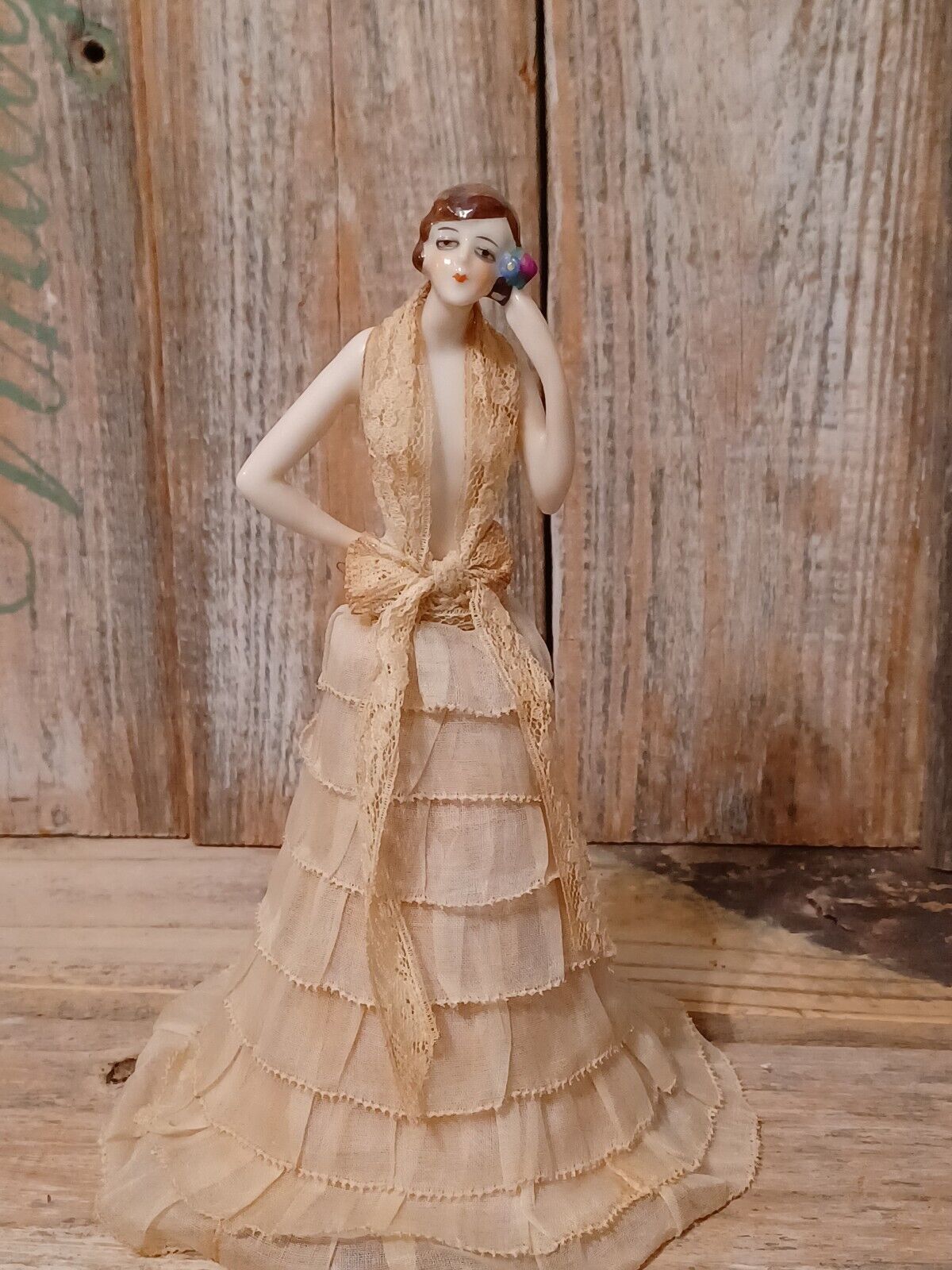 Antique Art Deco Flapper Half Doll Boudoir Porcelain Long Layered Dress 7.5\