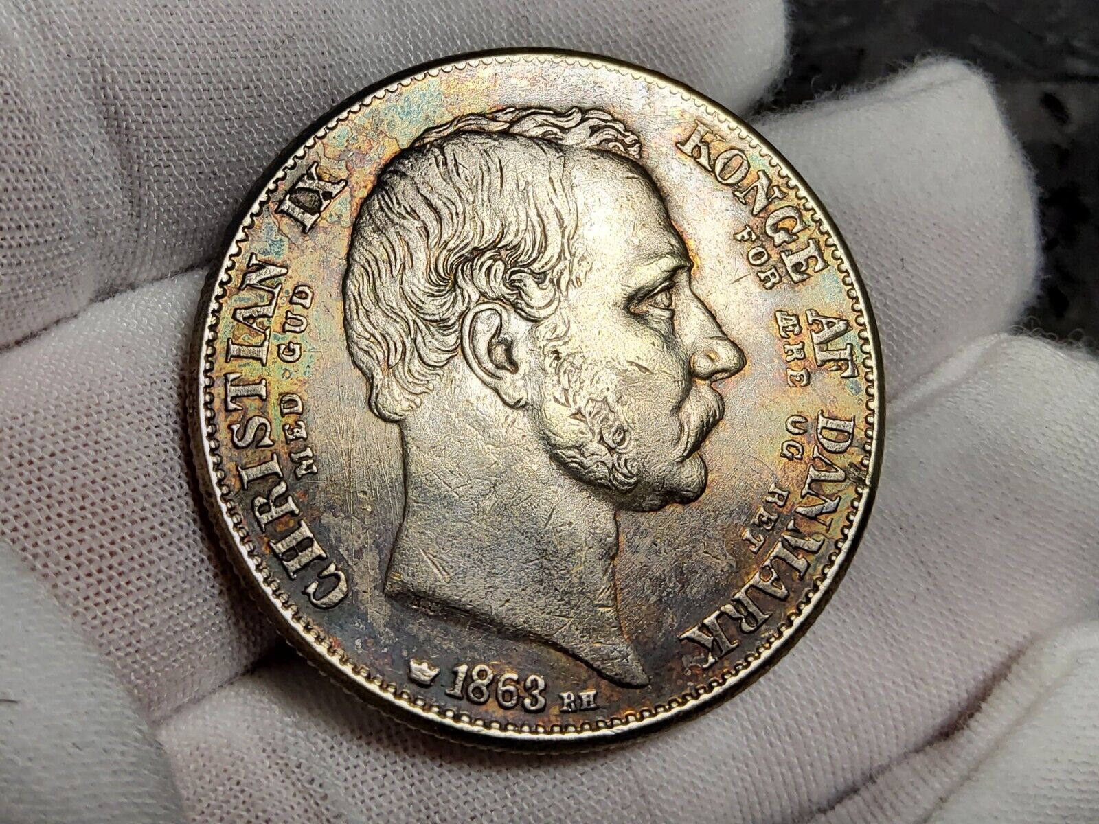 Beautiful 1863 Denmark 2 Rigsdaler. Silver. Rare. Old. Toned. 
