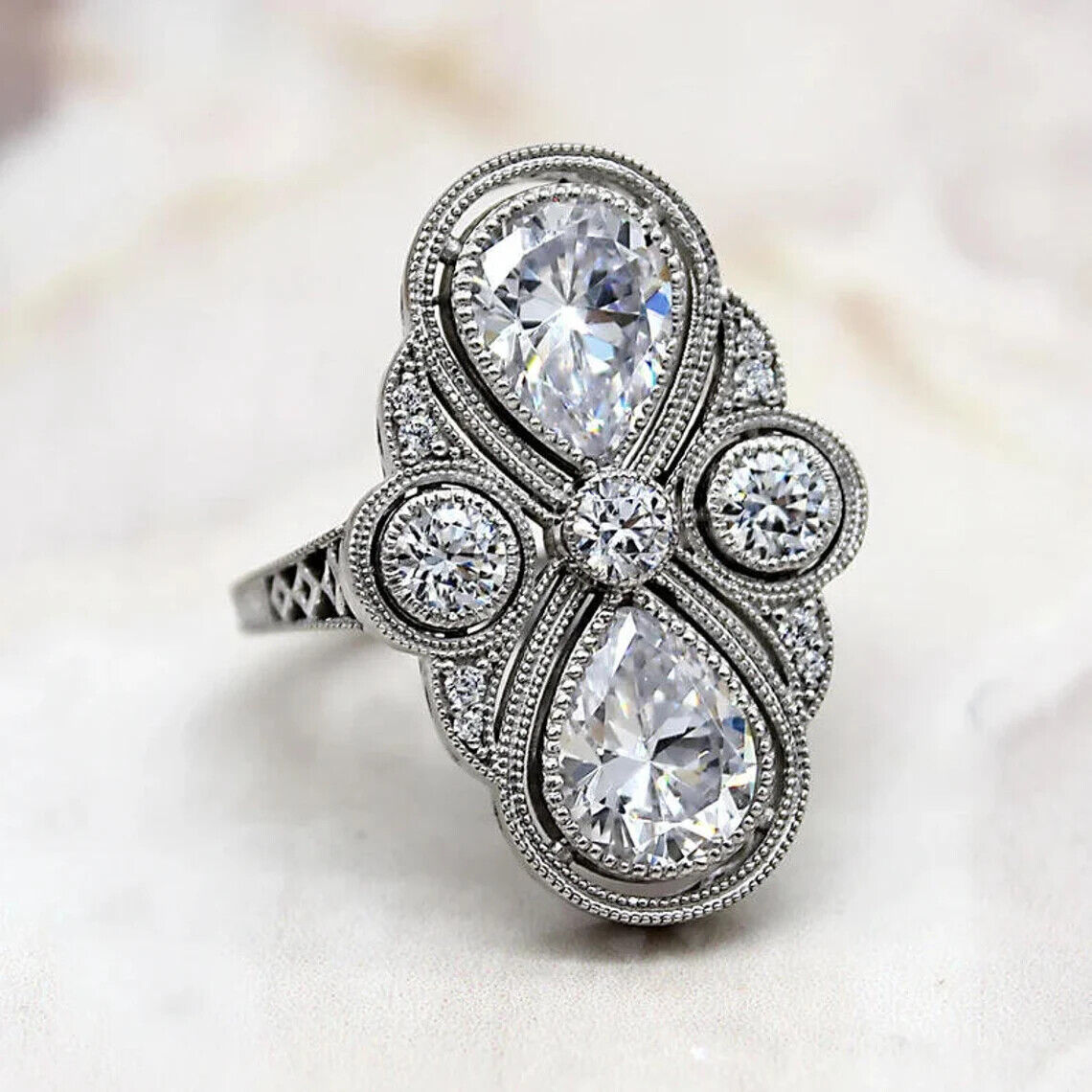 Art Deco 4.44 Ct Pear Cut Lab Created Diamond Vintage Engagement Ring 14k Gold