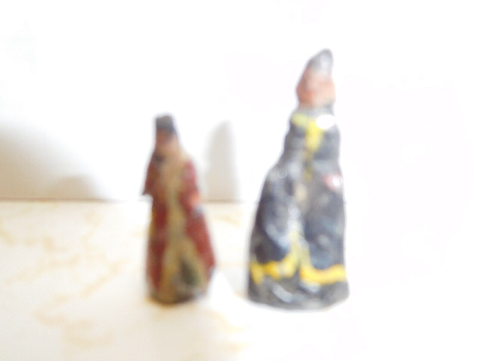 2 Antique Very Primitive Painted teeny-tiny Metal 1 inch Dolls