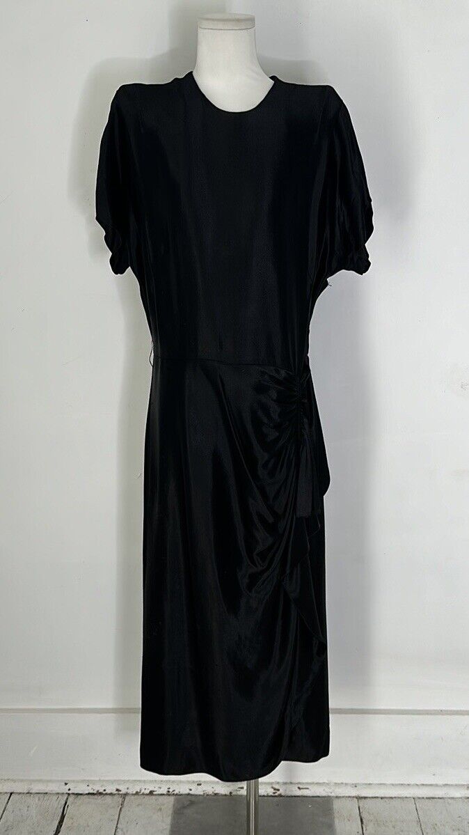 Vintage 1930s Black Liquid Satin Grecian Draped Hip Dress 