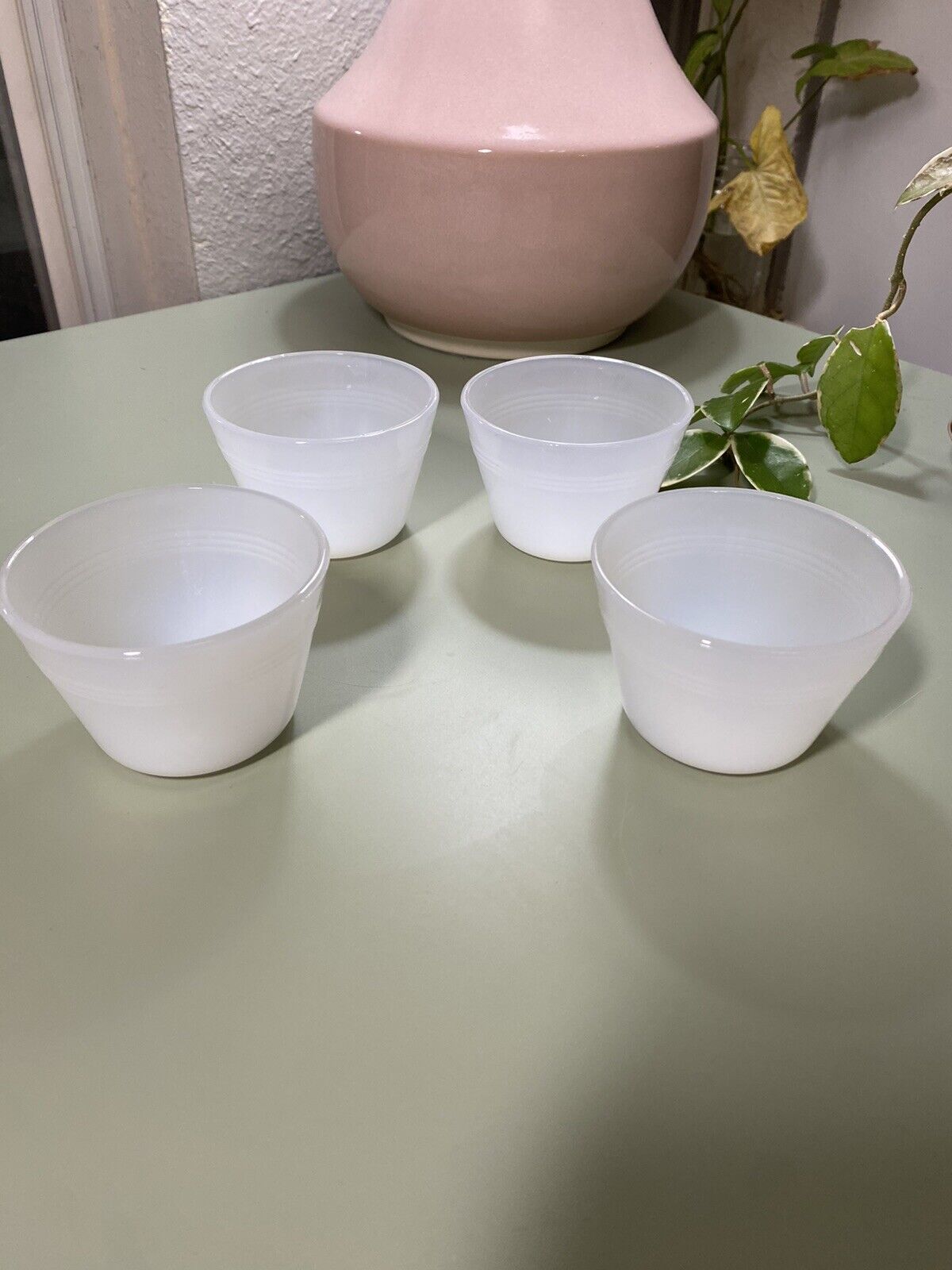 Set of 4 Vintage Glasbake Baking Cups Milk Glass Custard Ramekins / Dessert Cups