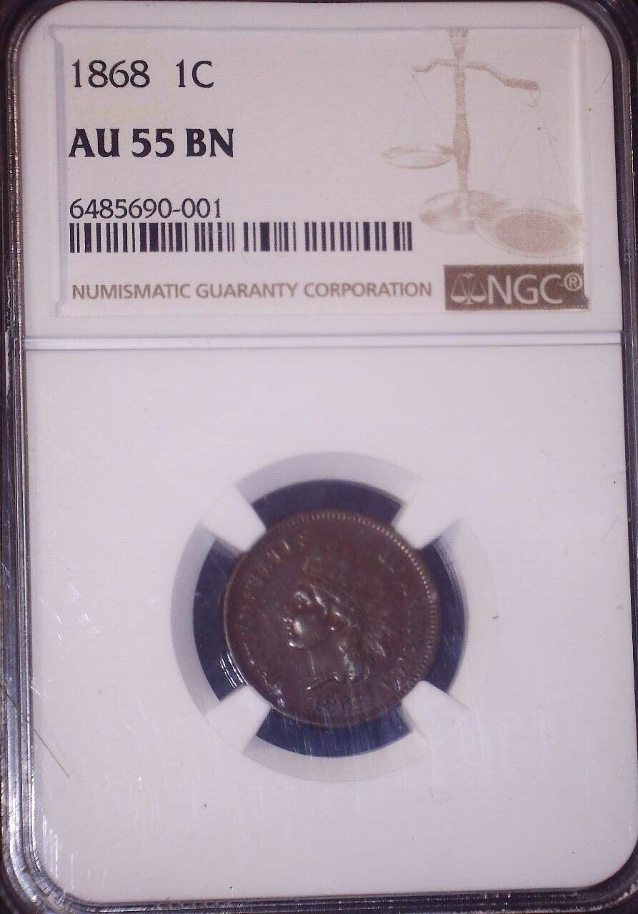 1868  Indian Head Penny, NGC AU 55 , Tough Date, Issue Free