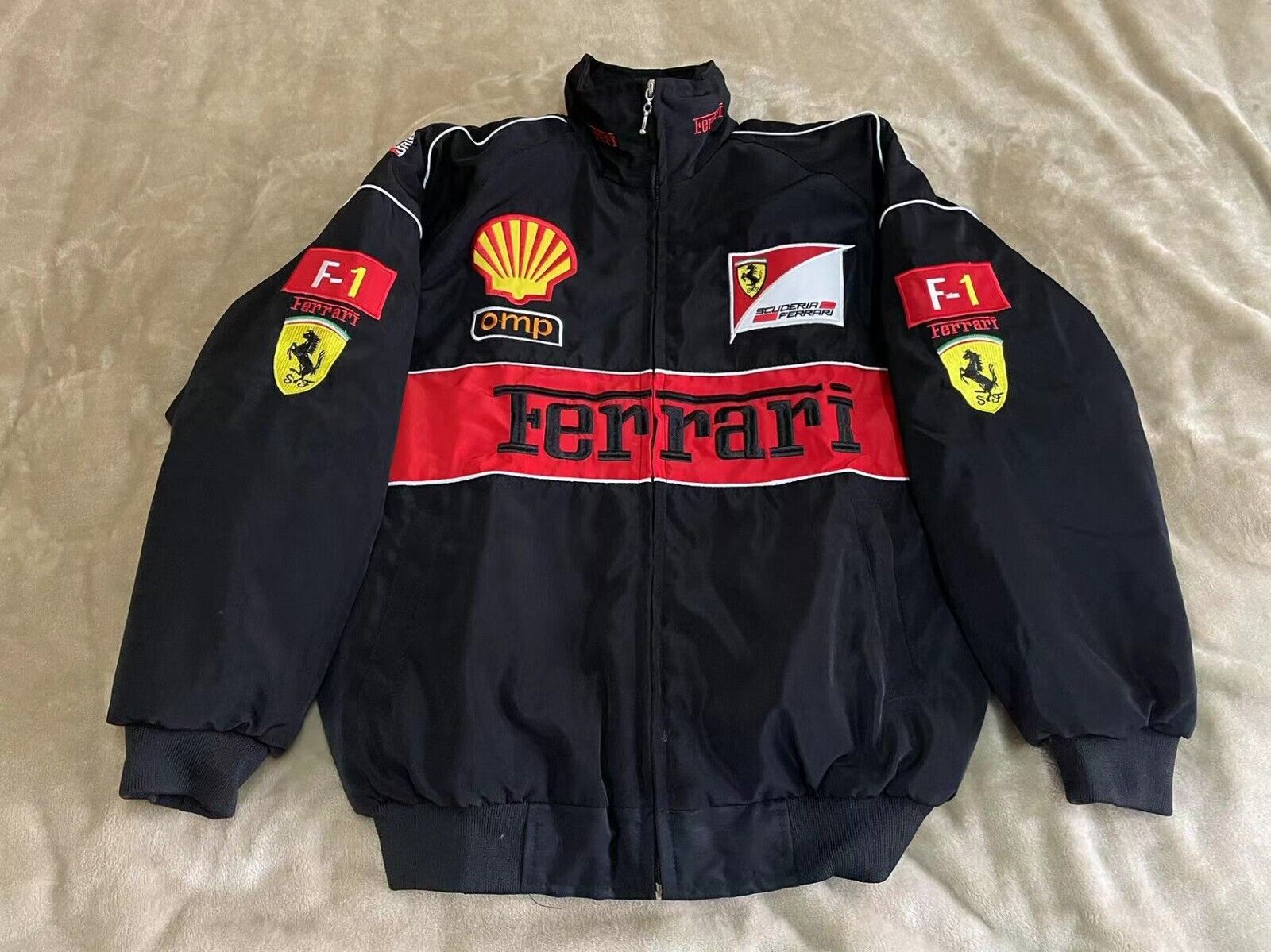 Adult F1 Vintage Racing Jacket Black Ebroidered Cotton Padded Ferrari Jacket