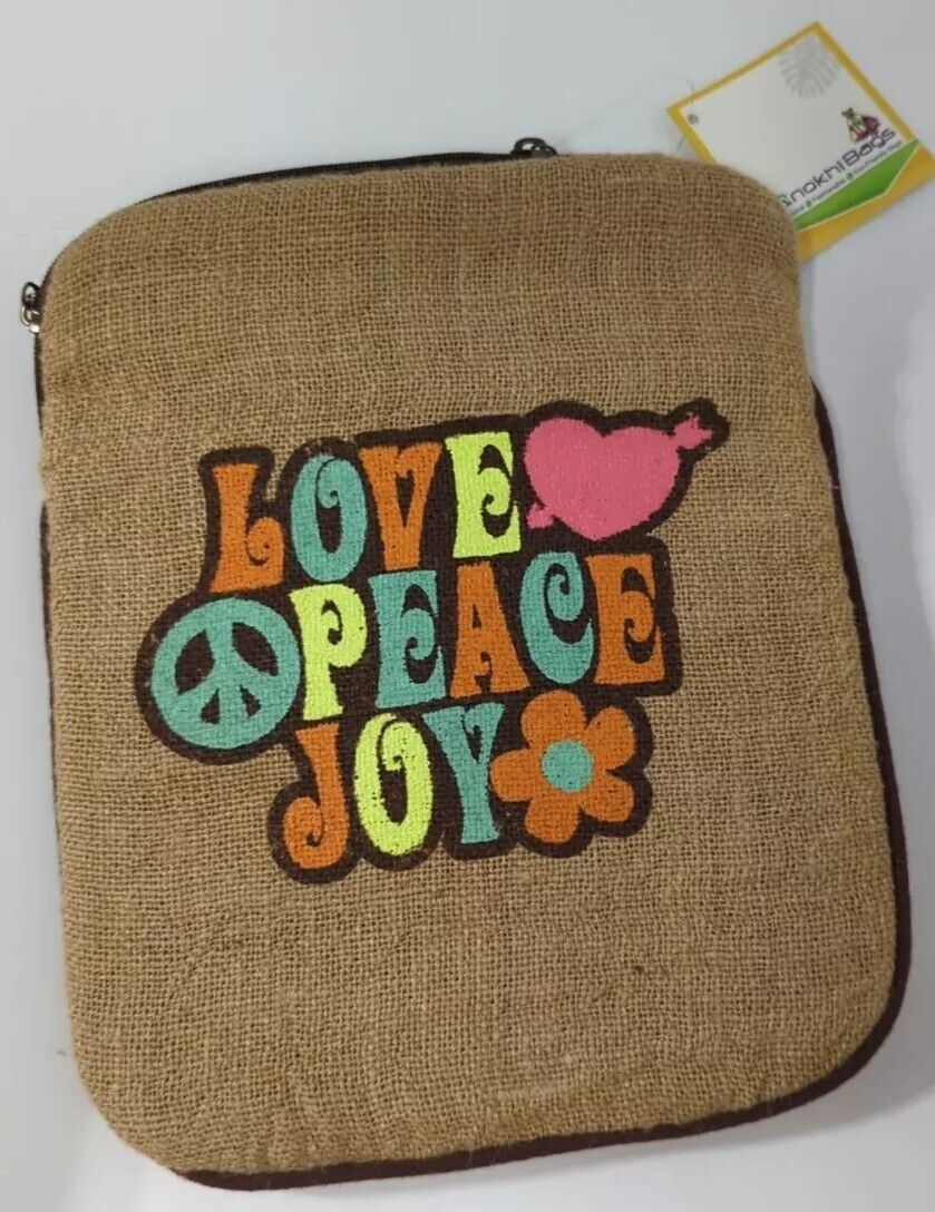 Jute Kindle Tablet Sleeve Love Peace Joy Hippie Eco Friendly Anokhi India
