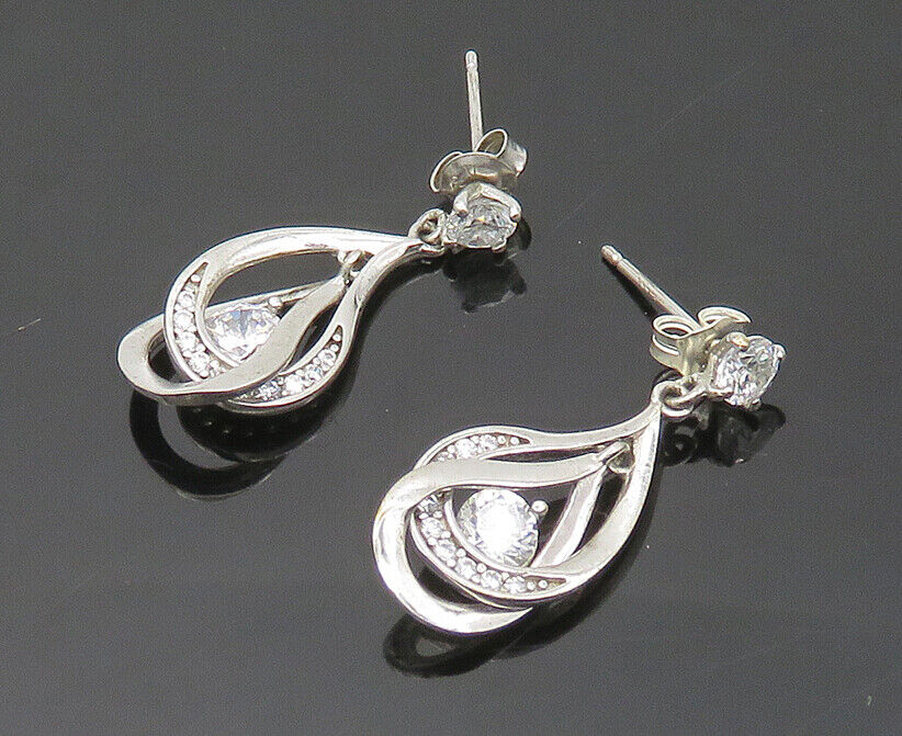 925 Sterling Silver - Vintage Cubic Zirconia Rain Drop Dangle Earrings - EG10442