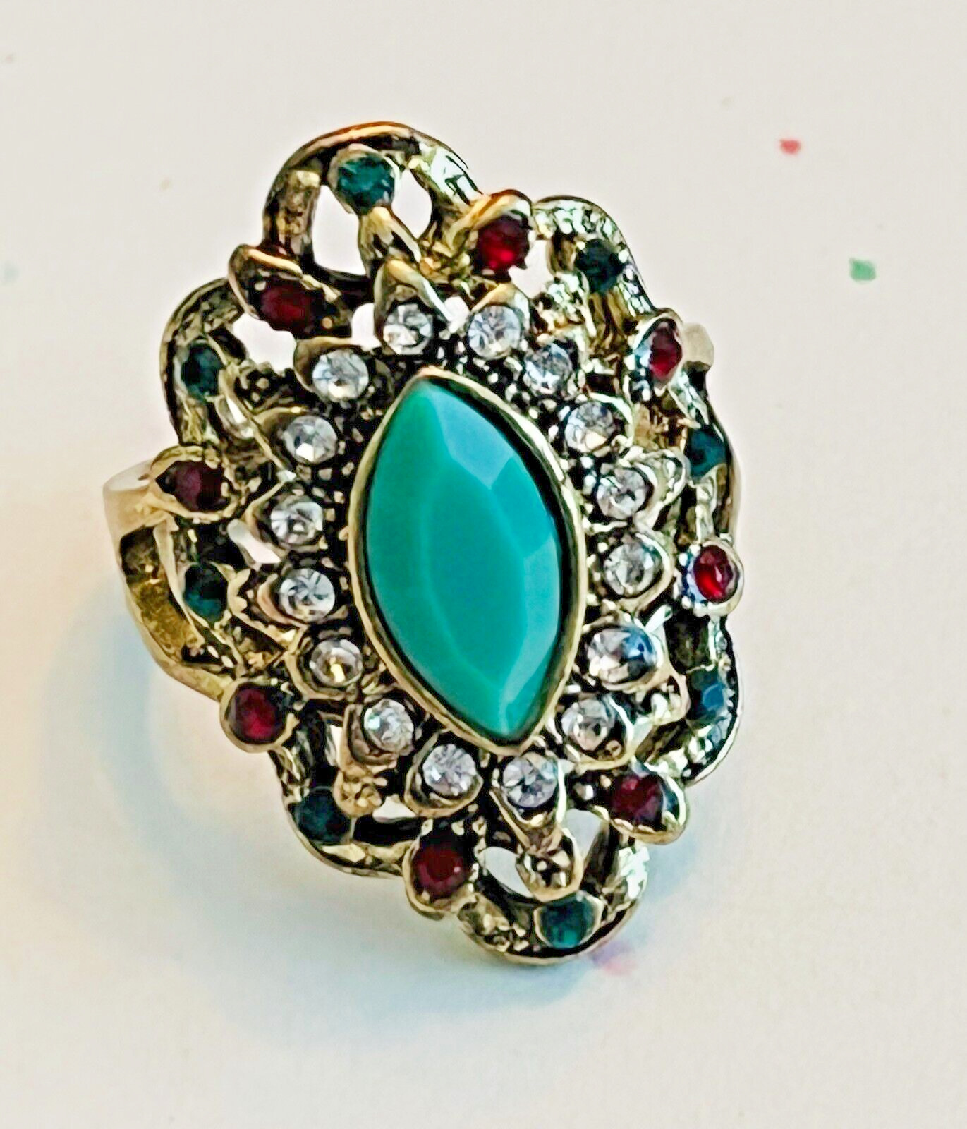Vintage Victorian Style Marquise Green Ring with Red, Green & Clear Rhinestones