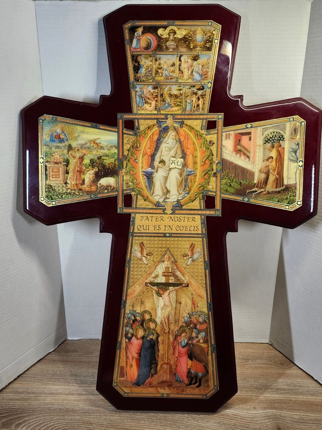 Vintage Lord's Prayer Jesus Christ Gold Accented Wood Cross Art Mural Genesis 28