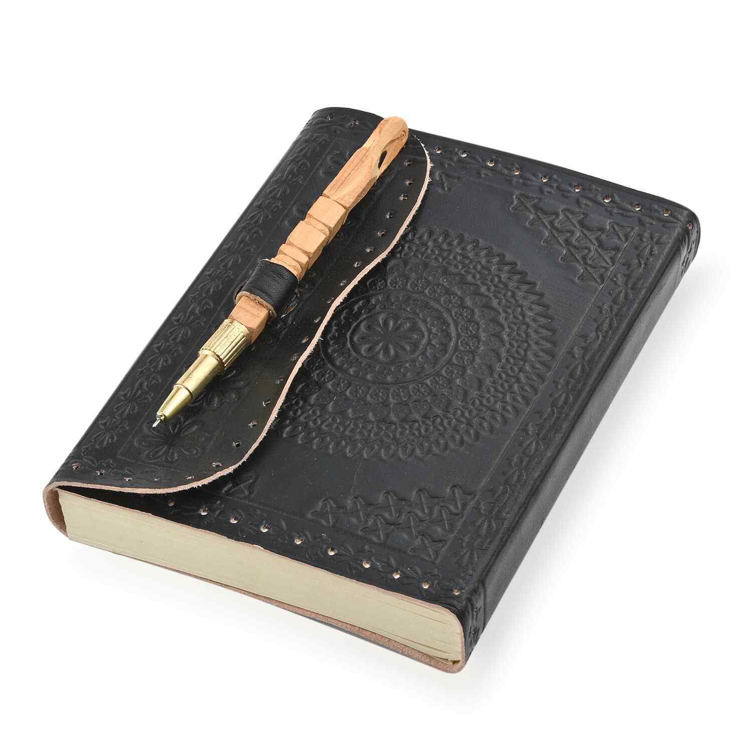 Black Genuine Leather Flower Embossed Journal with Wooden Pen Paper Notebook