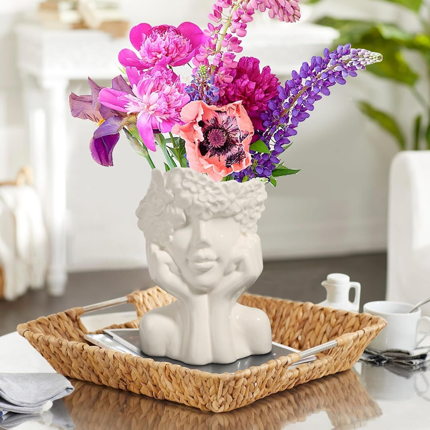 ComSaf White Ceramic Flower Vase for Decor Modern Style Female Form Face Vase