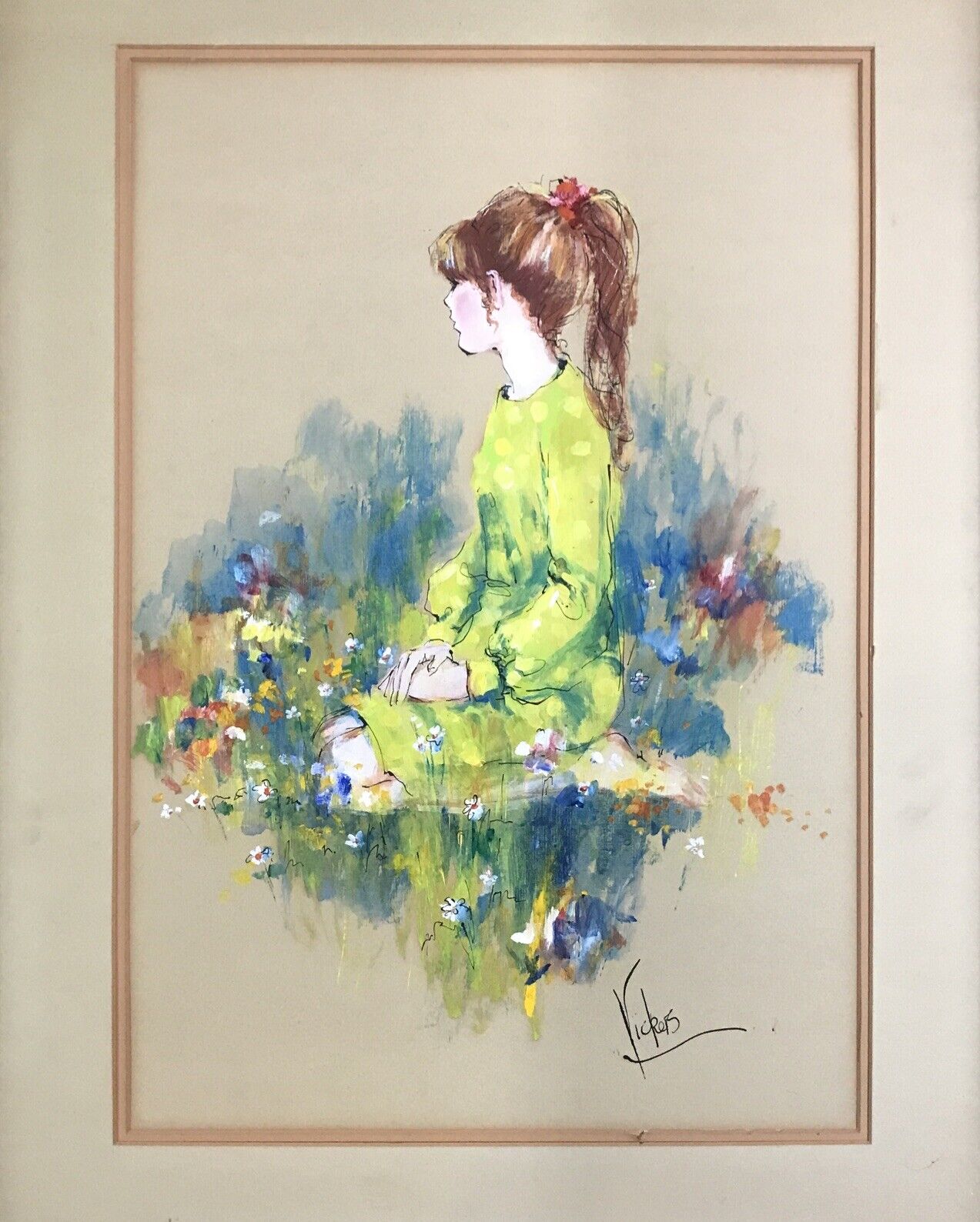Beautiful Bright Colorful Mary Vickers Painting Of Young Girl-Flowers Signed