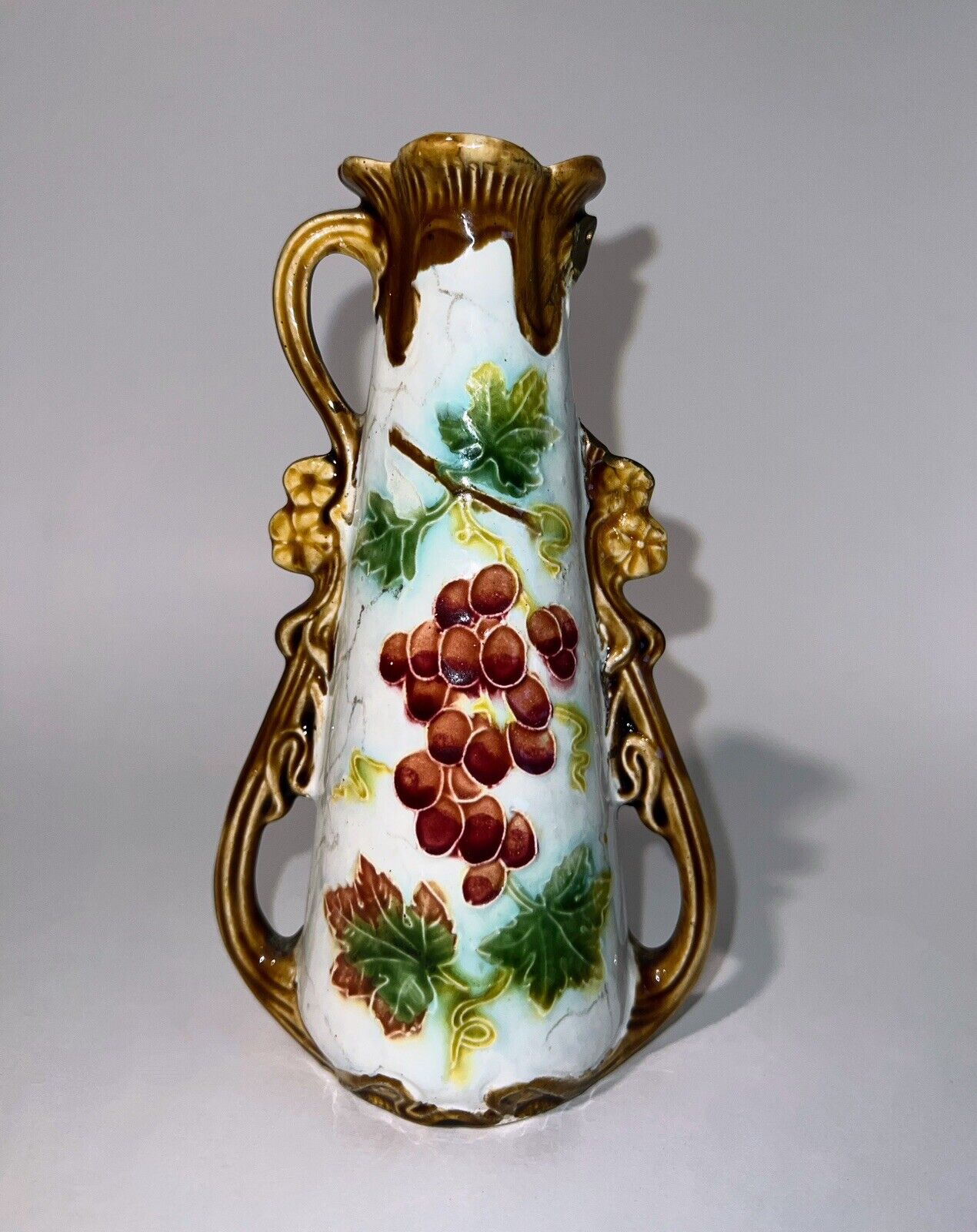 Antique Josef Strnact Majolica Austria Pottery Vase Grapes 8.25\