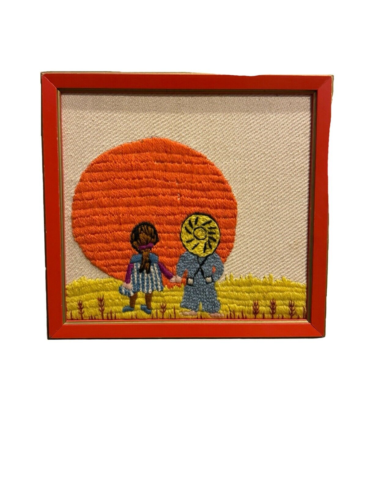 Vintage Embroidery Crewel Framed Artwork Boy Girl Farmers Sunrise 1970s