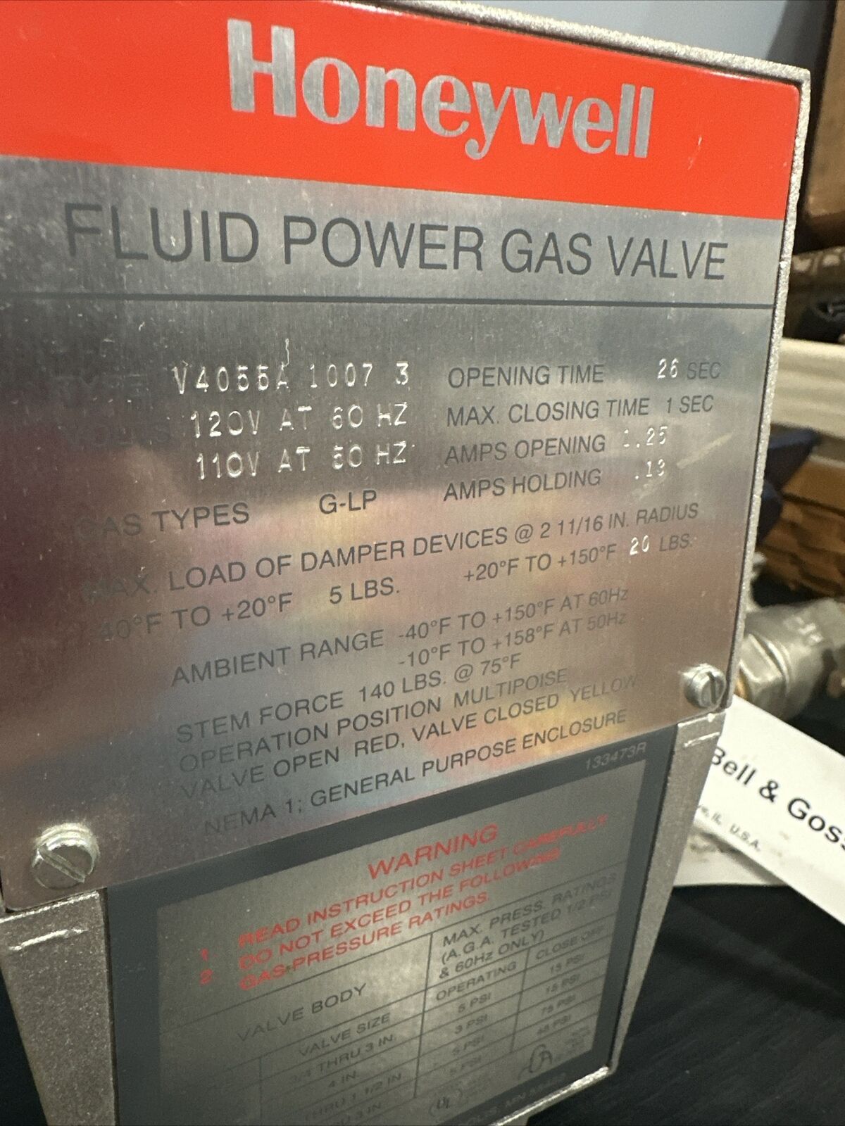 HONEYWELL FLUID POWER GAS VALVE, V4055D 1001