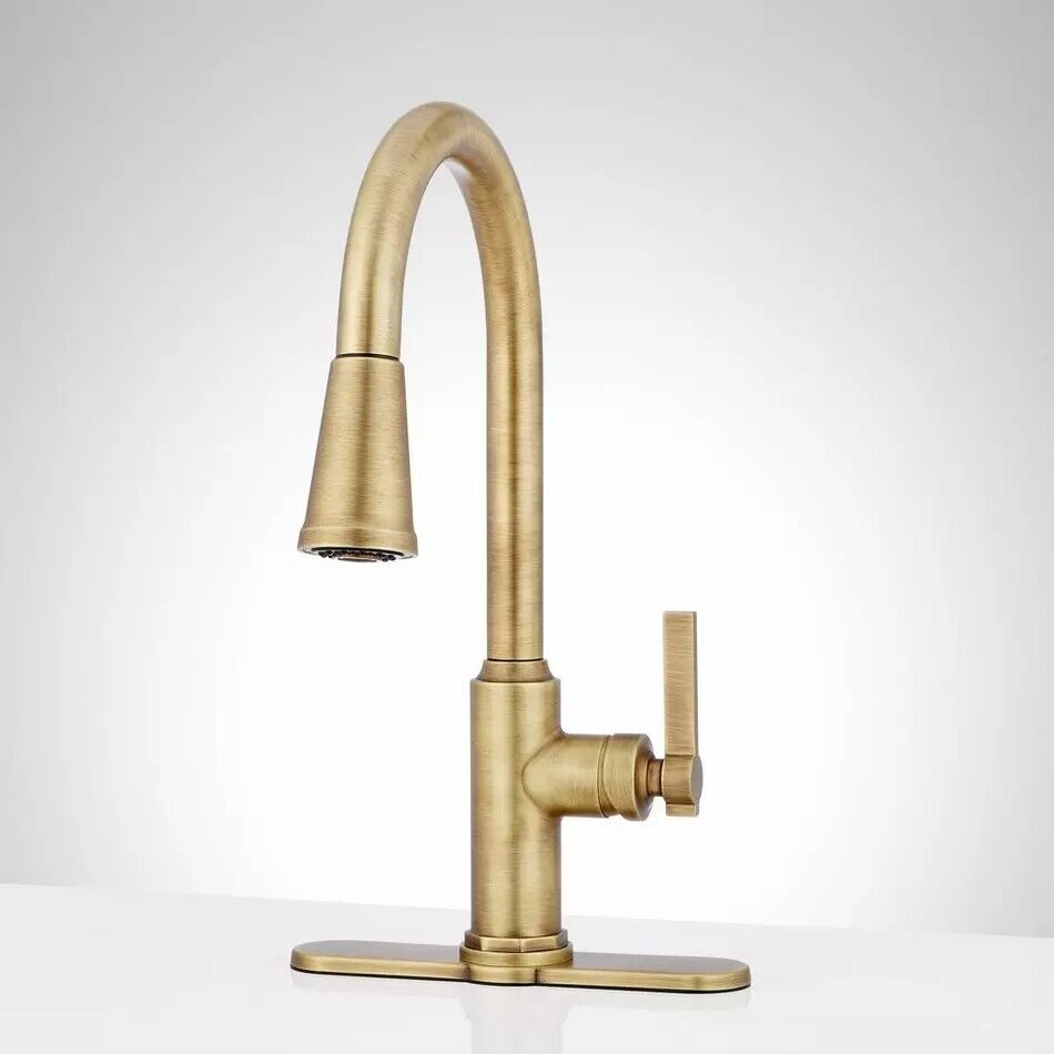 Signature Hardware - Greyfield Single-Hole Pull-Down Kitchen Faucet - Aged Brass
