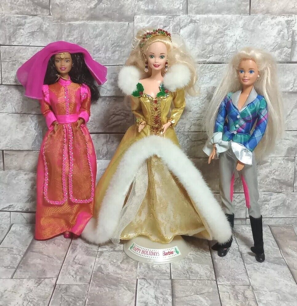  VTG Barbie Dolls 1990\'s Moroccan Barbie, Horse Riding Barbie & Happy Holidays 