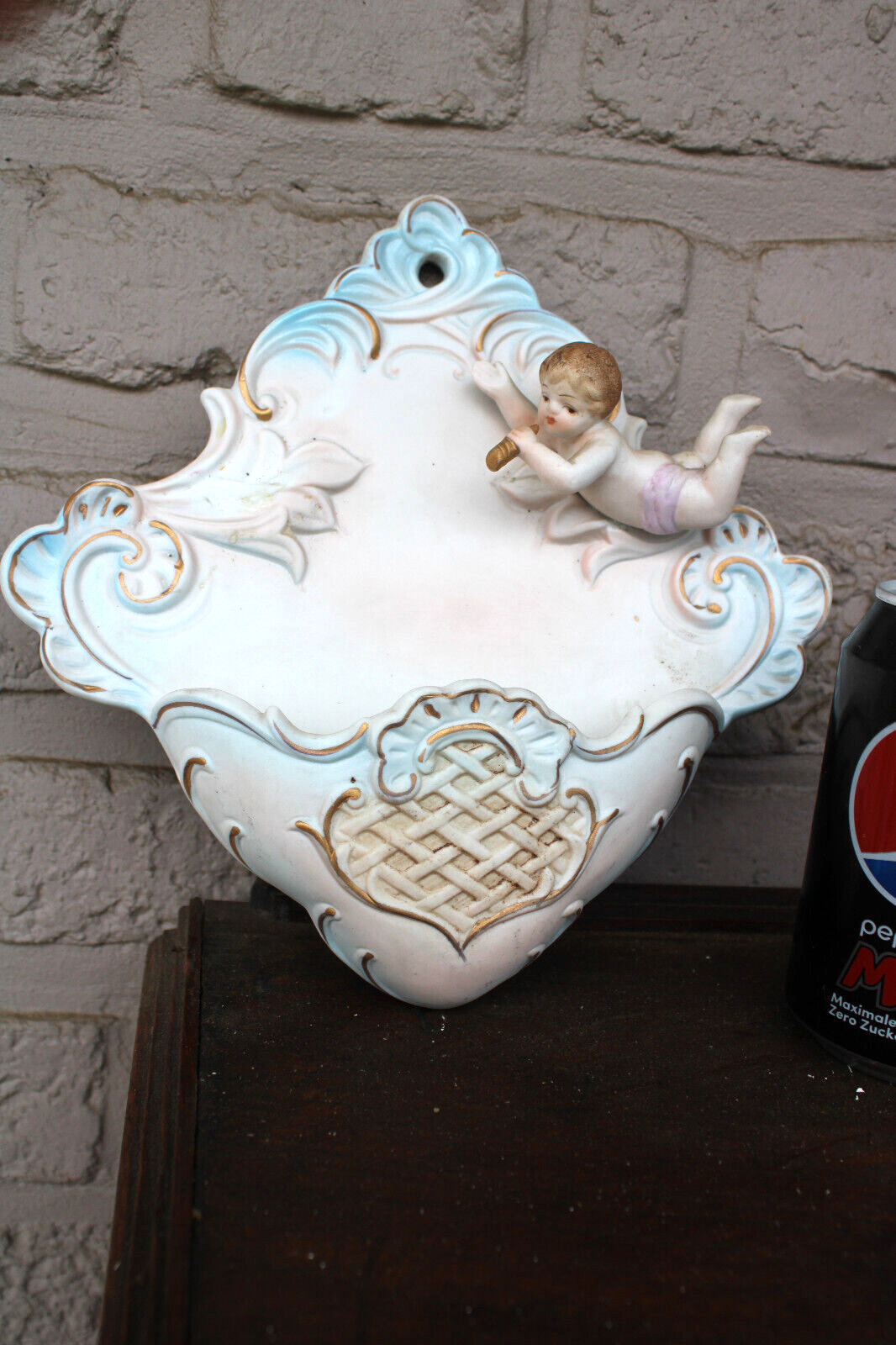 Antique french porcelain putti angel holy water font religious