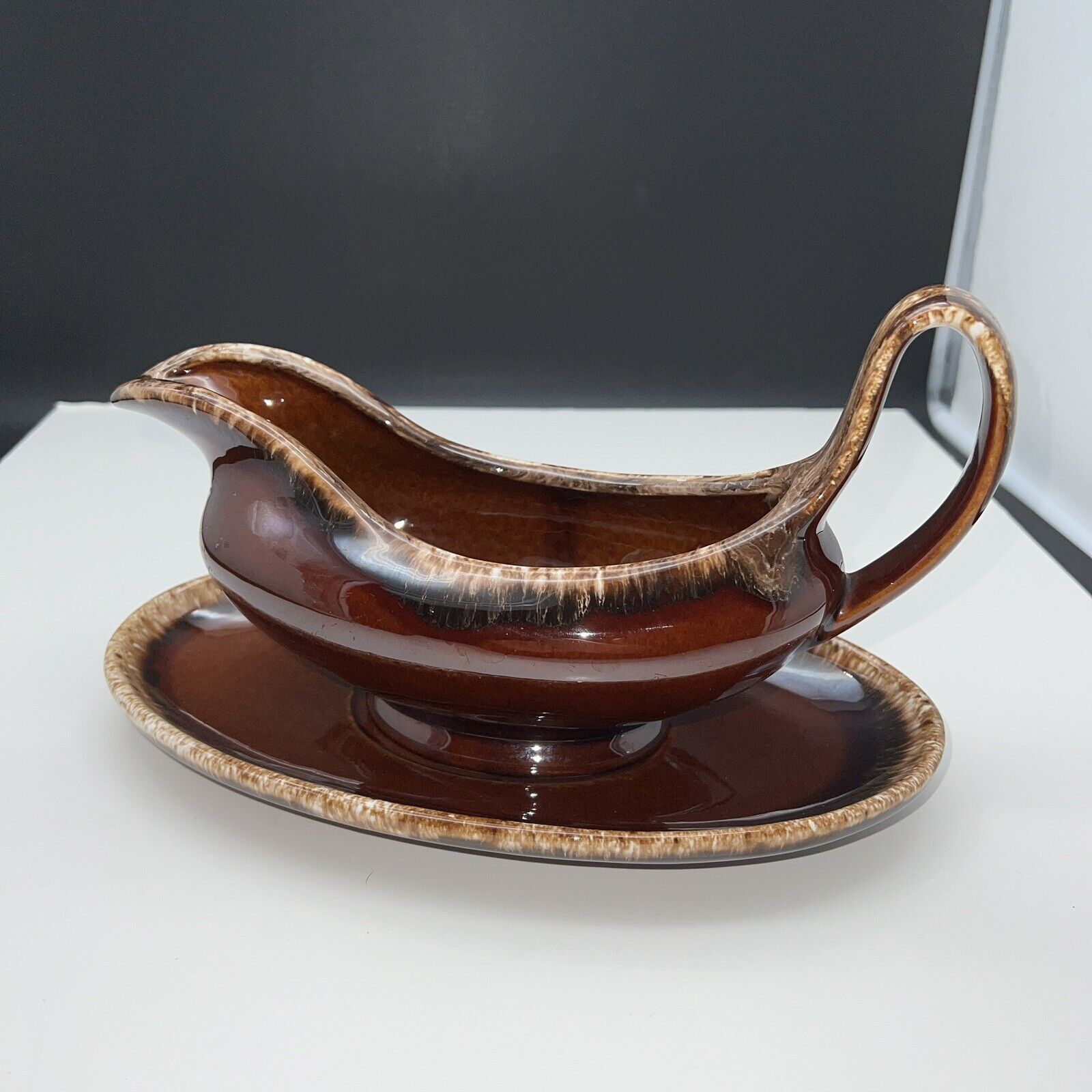 Vintage HULL Pottery Large Gravy Boat w Oval Under Plate Brown Drip Oven Proof