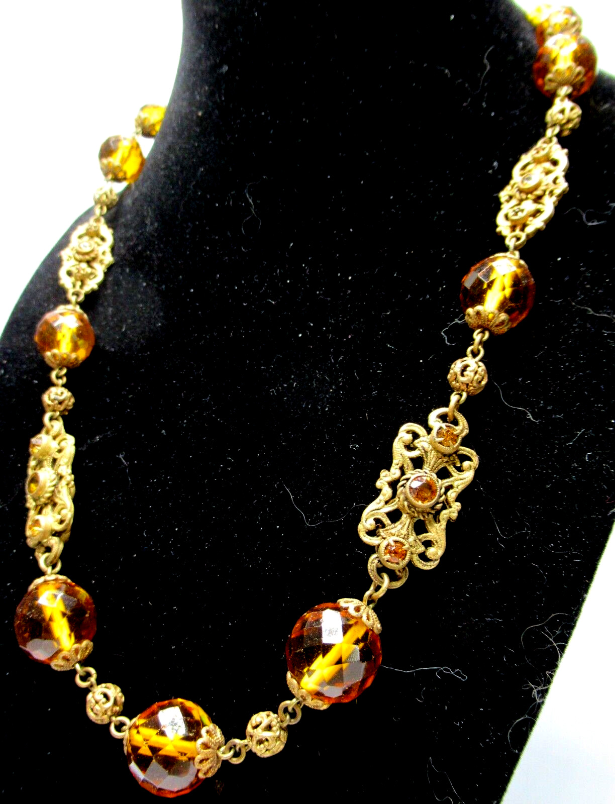 Stunning Antique Czech Amber Glass Crystal Bead & Rhinestone Necklace
