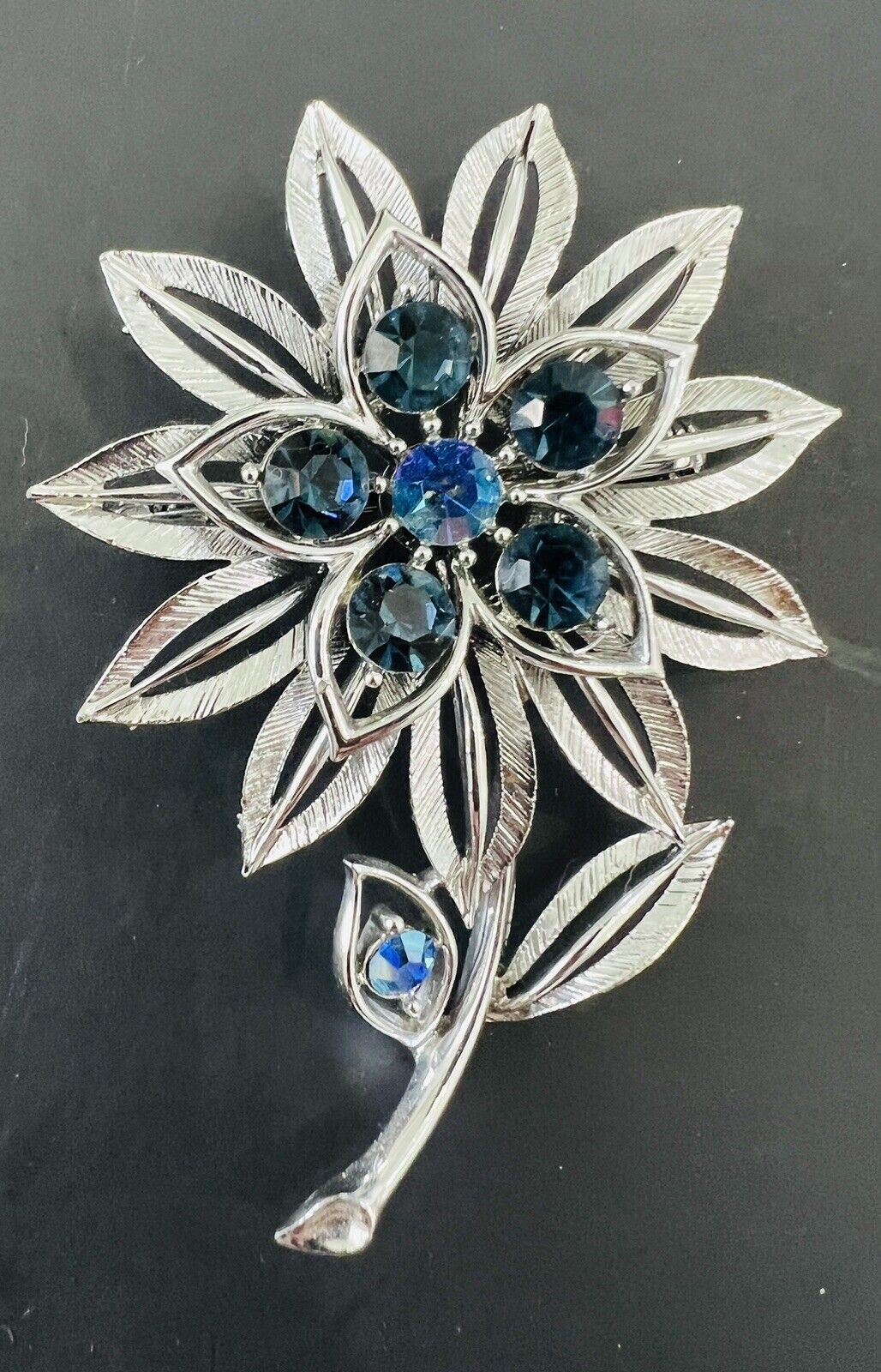 Vtg Signed Lisner Blue Aurora Borealis Rhinestone Silver Flower Brooch Pin MINT