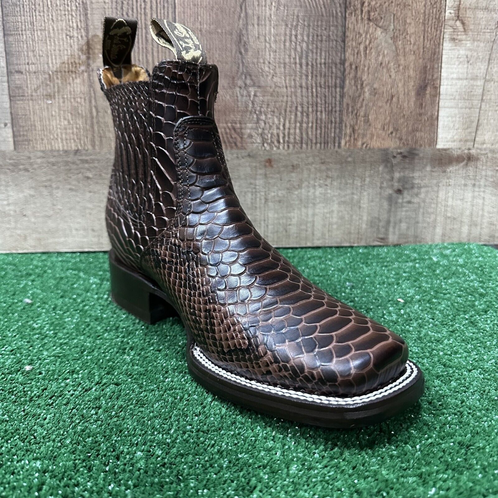 MEN'S LEATHER PYTHON PRINT WESTERN STYLE COWBOY RODEO SLIP ON ANKLE-SQUARE BOOTS
