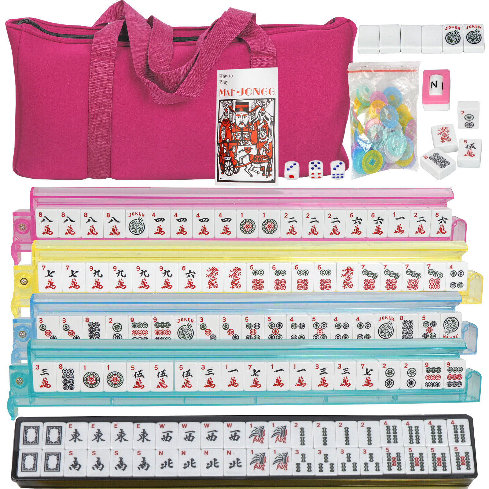 American Mahjong Set 166 Tiles 4 Colors Pushers/Racks Mah Jongg Set W/Soft Bag