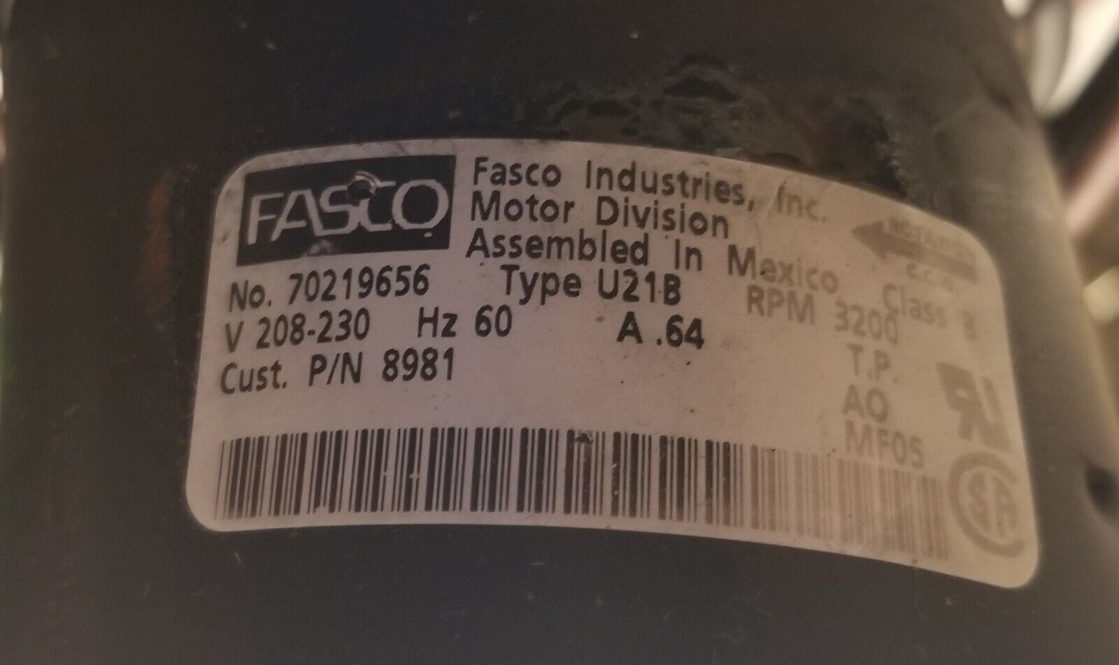 FASCO 7021-9656 U21B Furnace Draft Blower Motor, Customer # 8981, Excellent