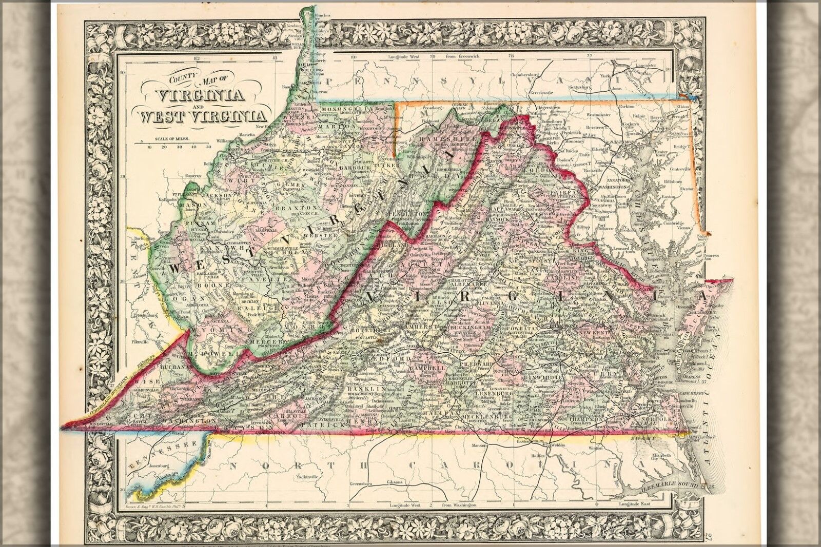 Poster, Many Sizes; County Map Of Virginia And West Virginia  1863