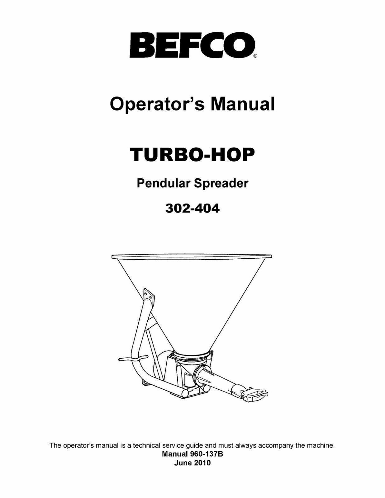 Pendular Spreader Operator Instruction Maint & Parts Man BEFCO 320 404 TURBO-HOP