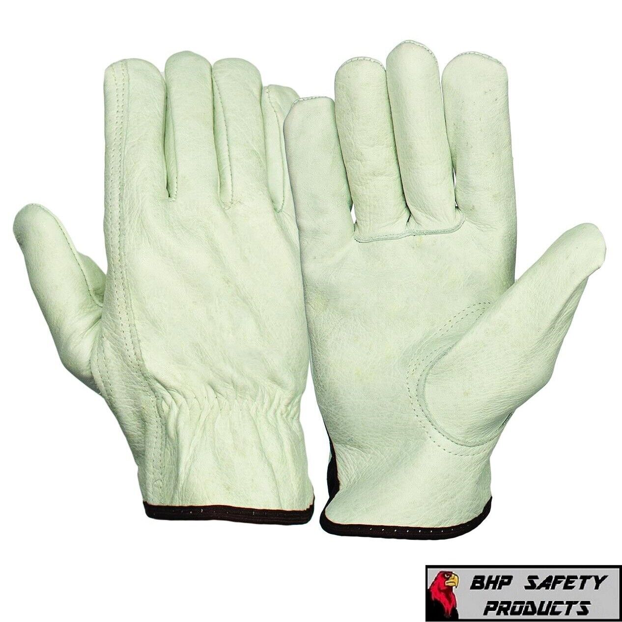 12 Pair Pack, Cowhide Grain Leather Drivers, Work Safety Gloves (PPE) All Sizes