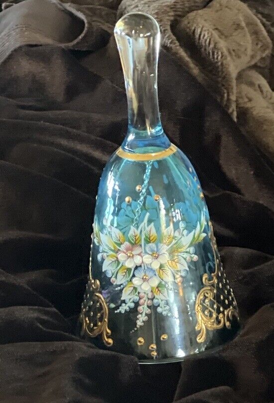 Vintage Bohemian Turquoise Blue Glass Bell Gold Accents & Hand Painted Flowers