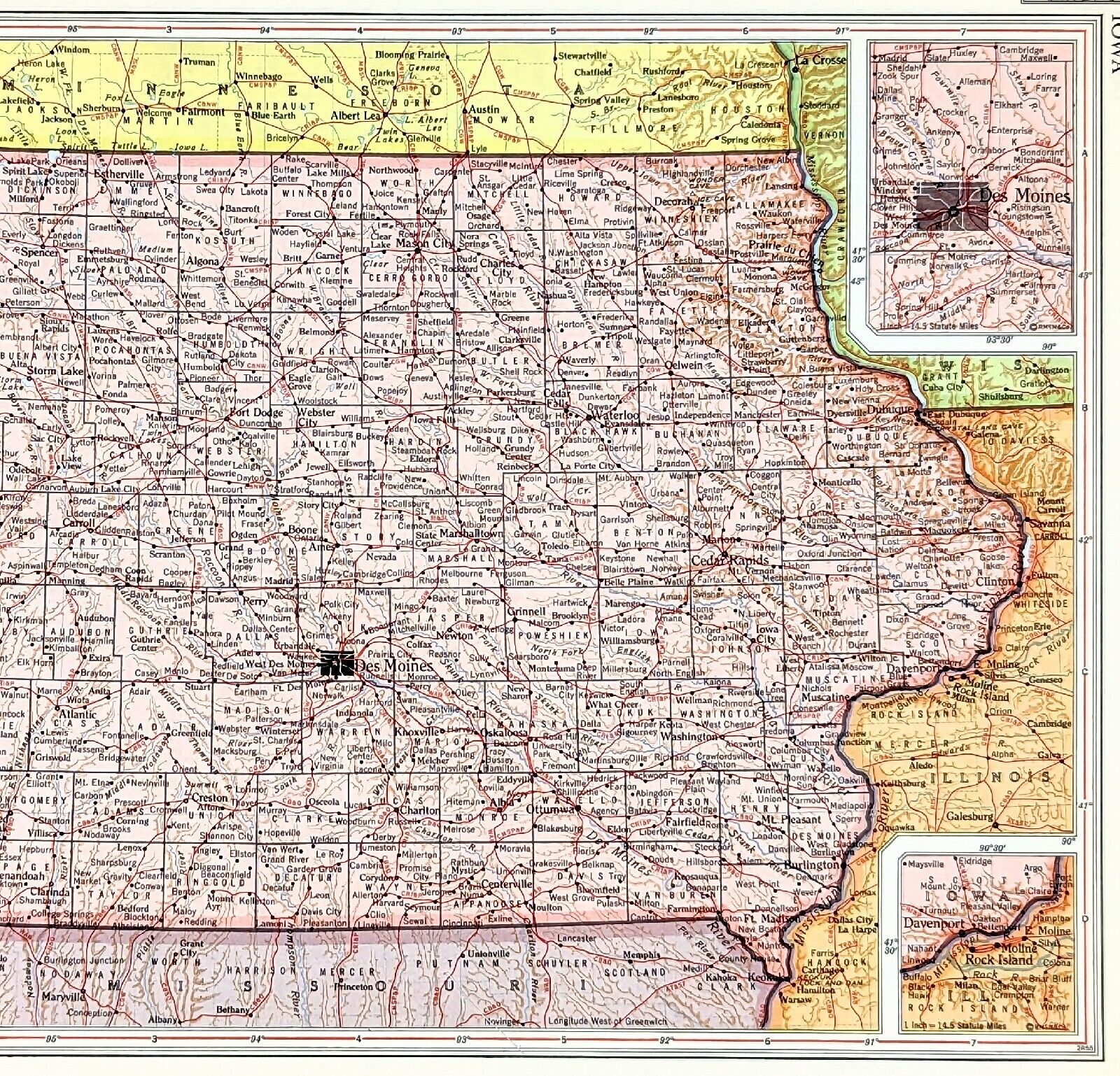 1956 Iowa Map Dubuque Des Moines Davenport Council Bluffs Cedar Rapids Dodge